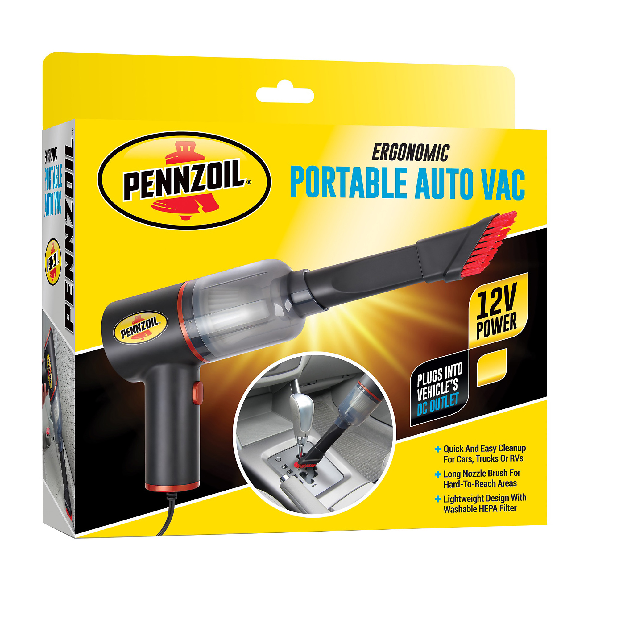 Pennzoil 12V Portable Auto Vacuum – Lightweight, Long-Reach, HEPA-Filtered Car Cleaner, Model #EPAV-6-5104