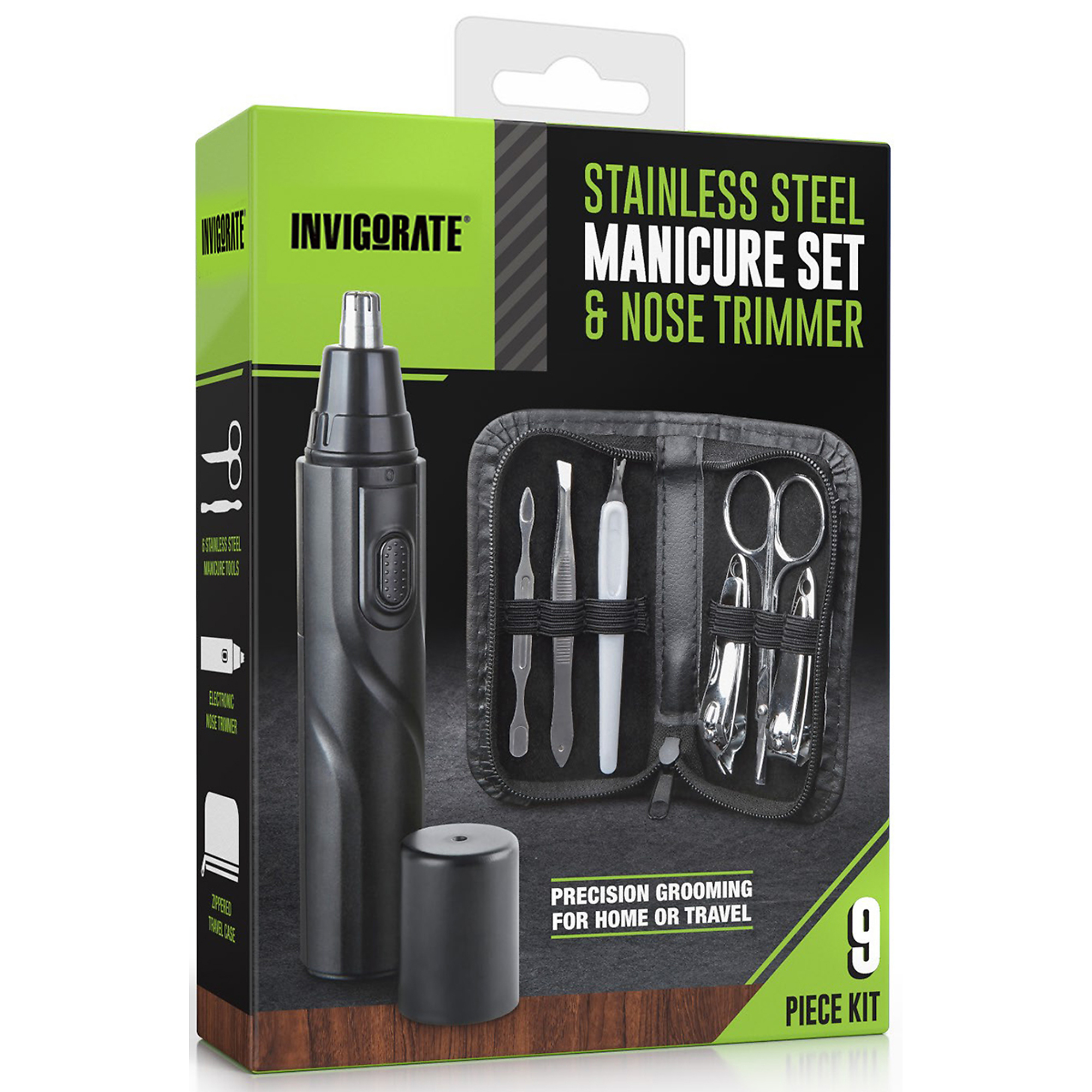 Invigorate Stainless Steel Manicure Set & Nose Trimmer, 9-Piece Set, Model #MGK-12-5028