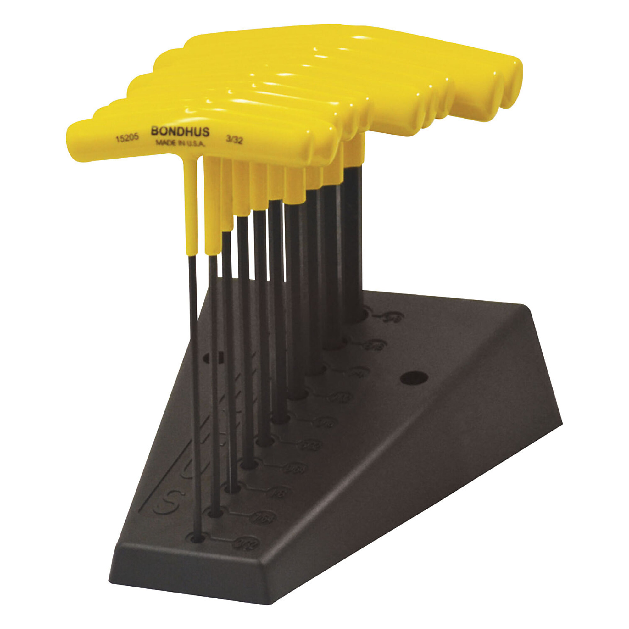 Bondhus Hex T-Handle Set of 10, 6" Length, 3/32-3/8" with stand, Model 15290