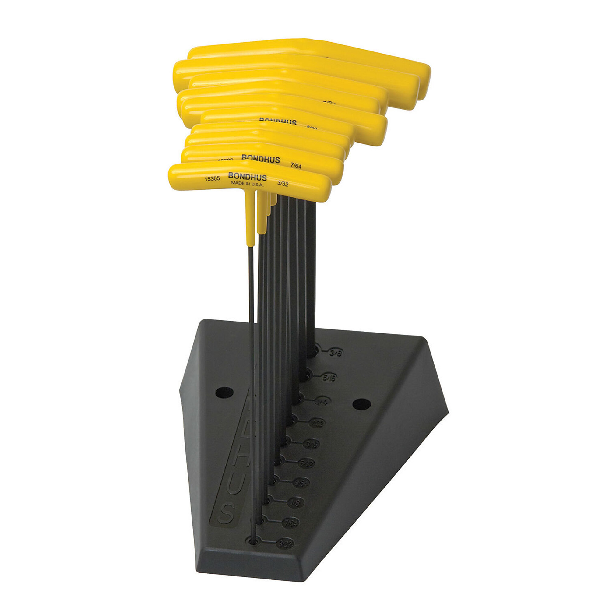 Bondhus Hex T-Handle Set of 10, 9" Length, 3/32-3/8" with stand, Model 15390