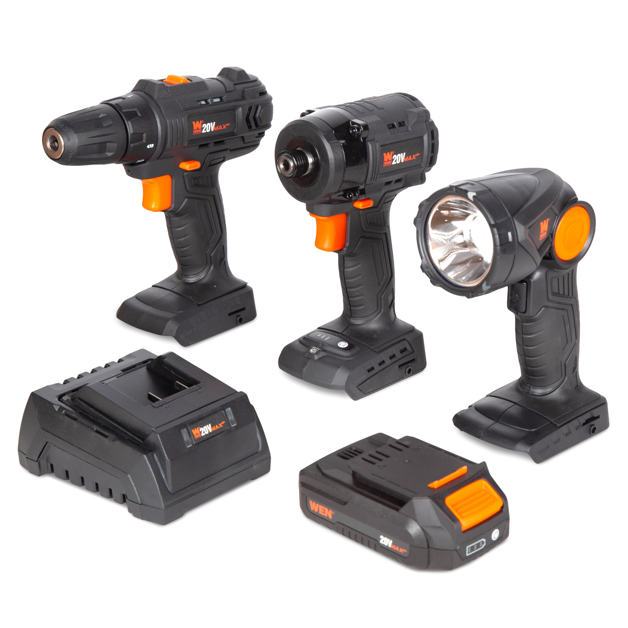 WEN 20VK3DDL 20V Max Cordless Drill, Brushless Compact Impact Driver, and LED Work Light / Flashlight Combo Kit with 2Ah Battery and Charger