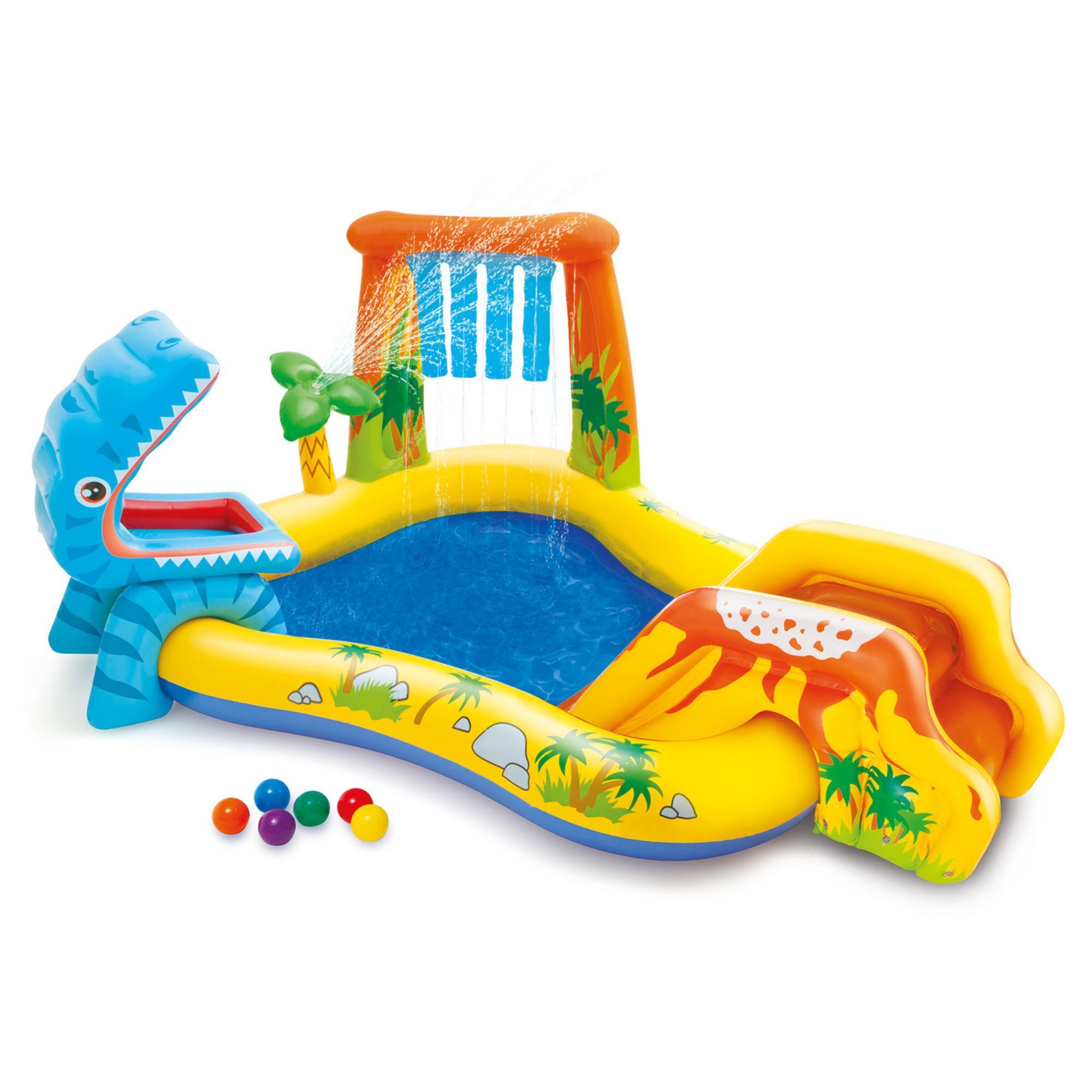 Intex Dinosaur Inflatable Play Center, Kids Waterslide Playground, Built in Water Spraying Palm Tree and Waterfall