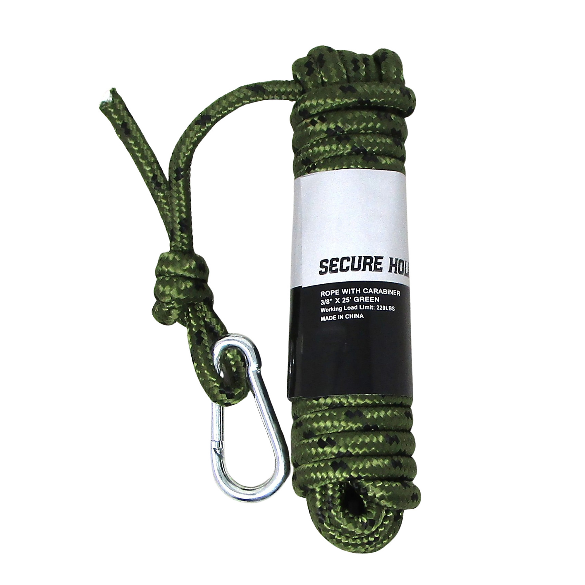 Secure Hold 25 ft Camo Utility Rope with Carabiner – Heavy-Duty Braided Outdoor Rope for Camping, Hunting, Gear Tie-Downs, Tarps, Boating & Survival Use, Model #J862R25