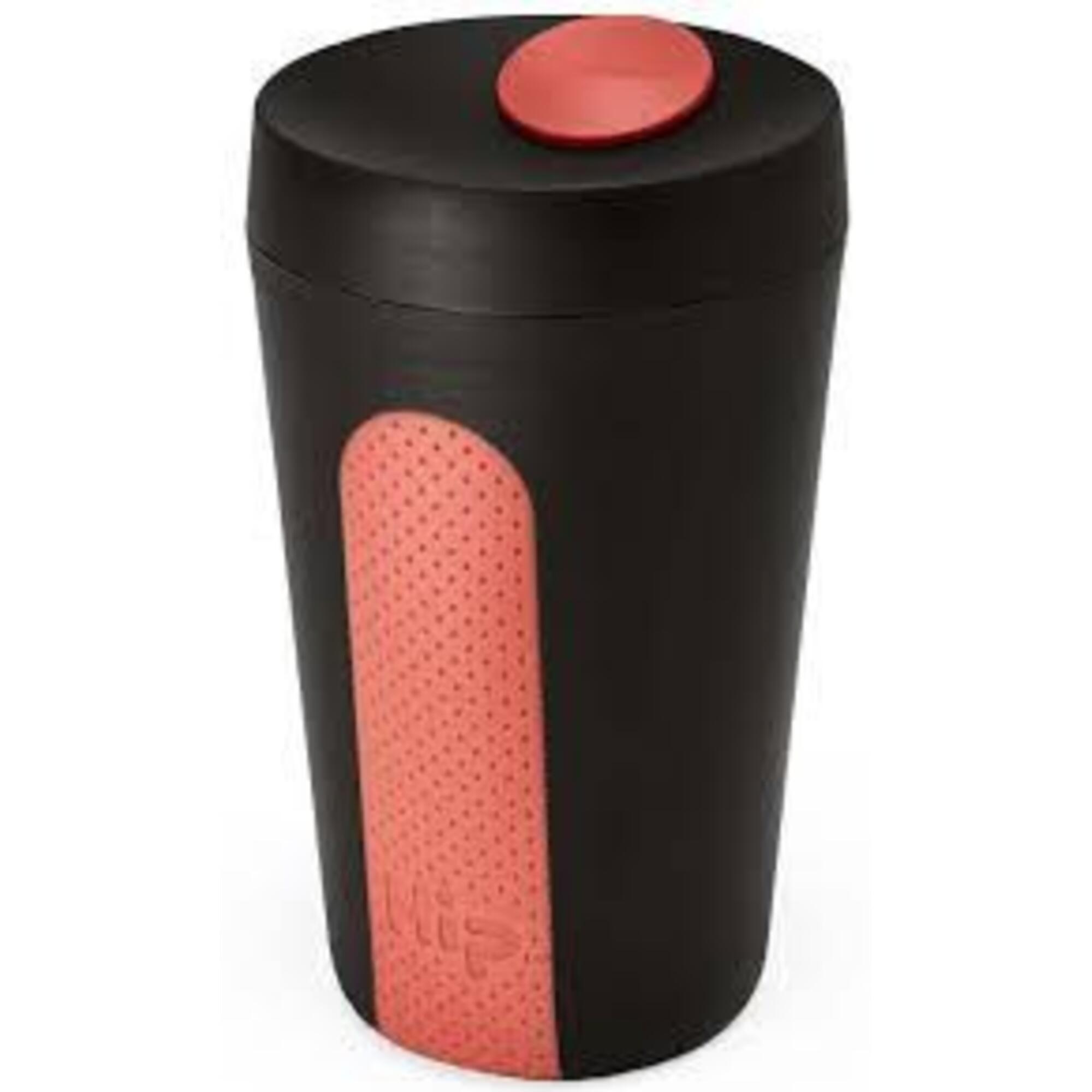 Hip 12oz Insulated Travel Cup.  Midnight & Coral, Upcycled Polypropylene & Silicone Construction, Ergonomic Grip, BPA & Phthalate Free.  HIP0015