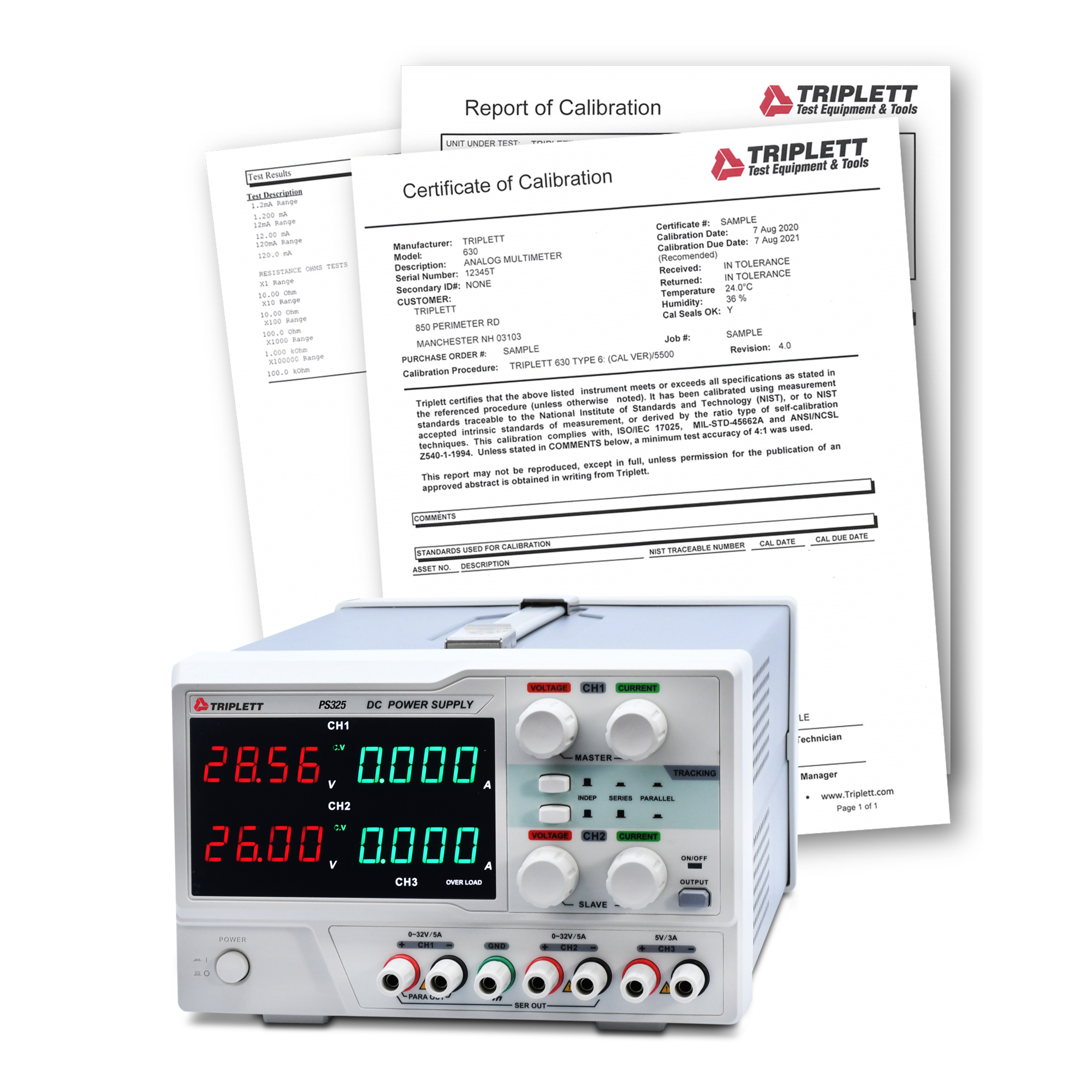 Triplett PS325-NIST PS325 Triple Channel DC Power Supply with Certificate of Traceability to N.I.S.T.