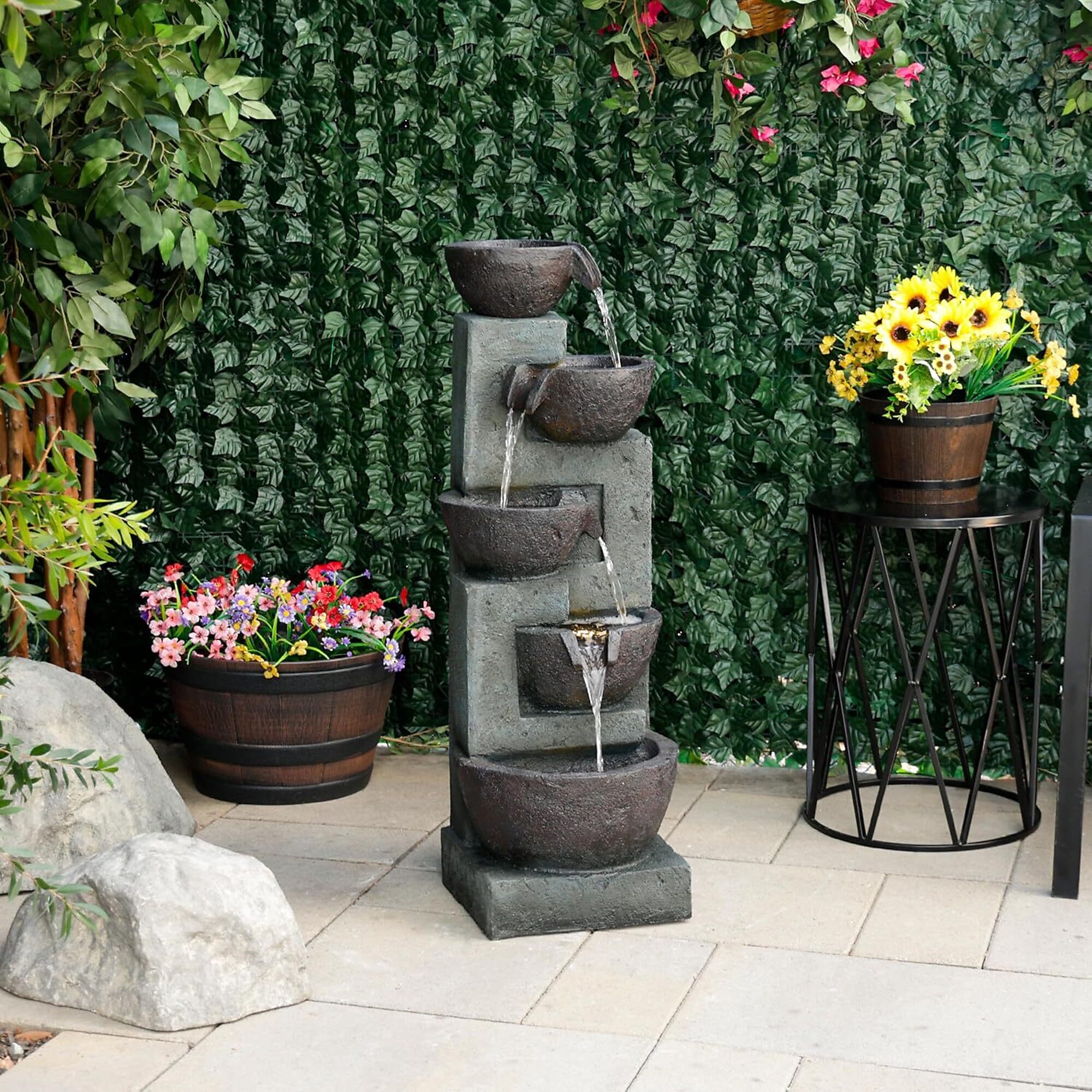 Alpine Corporation TZL390 39" 5 Tier Bowls Waterfall Fountain with LED Lights, Elegant Outdoor Water Feature for Garden, Patio, Yard, and Outdoor Spaces, Relaxing Cascading Fountain, Gray
