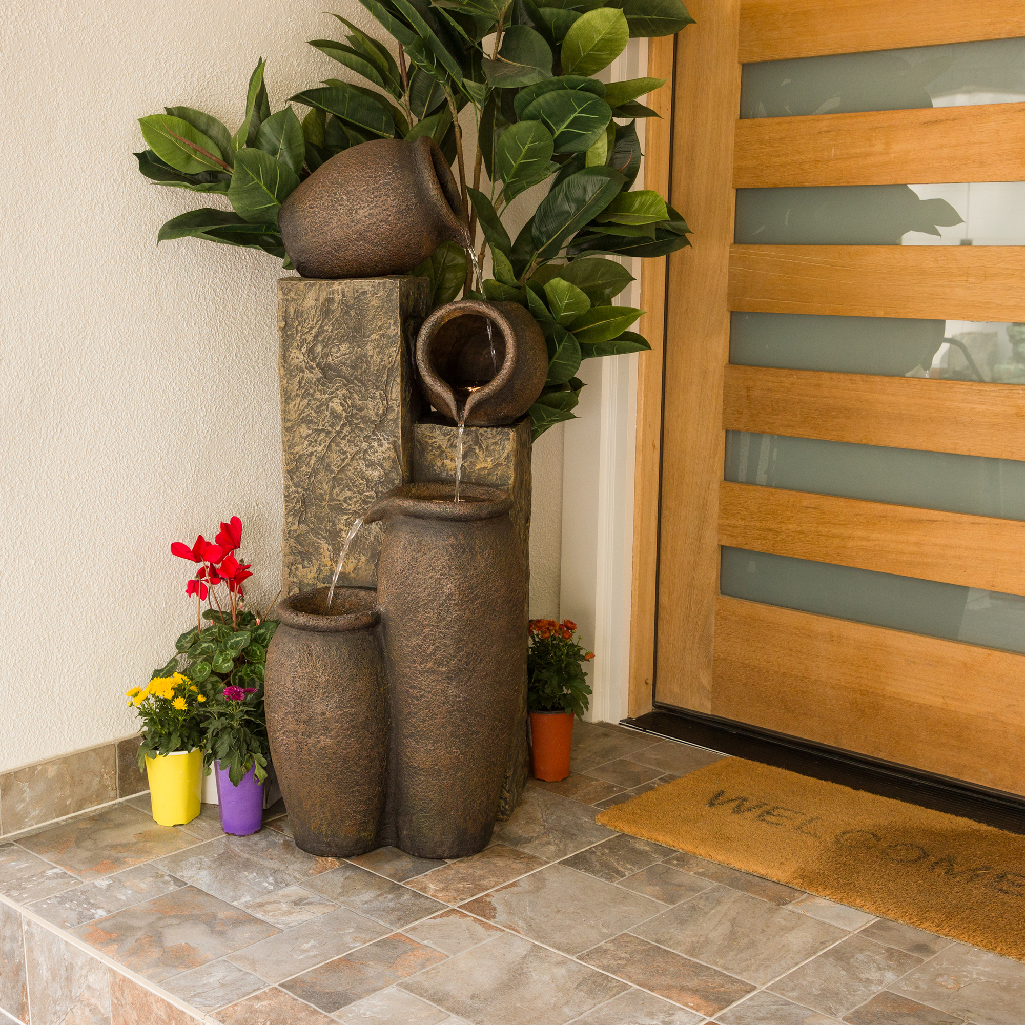 Alpine Corporation GIL140 43" Tall Indoor Outdoor Pottery Fountain with Replaceable LED Lights, Water Feature for Garden, Patio, and Home Decor, Brown
