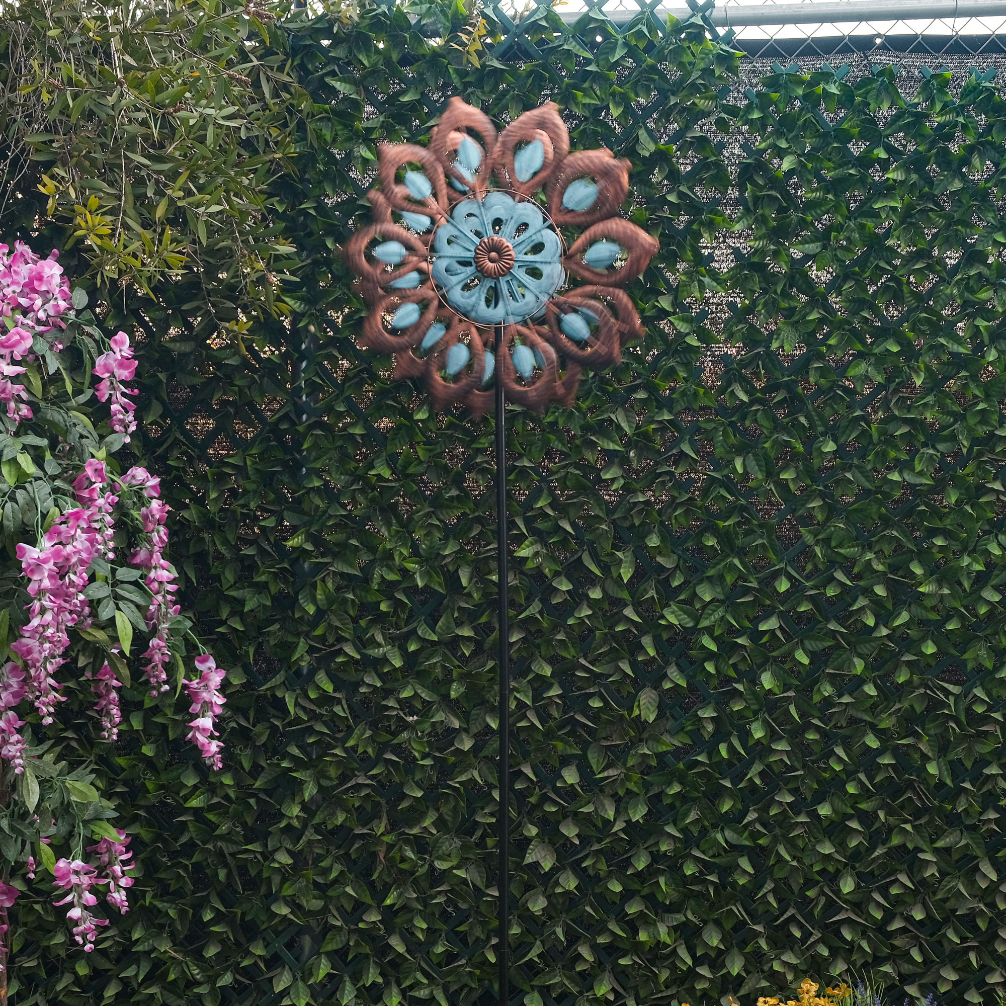 Alpine Corporation 85" Tall Antique Flower Kinetic Wind Spinner Stake - Durable Iron Construction with Mesmerizing Spinning Effect, Blue and Copper Outdoor Décor for Lawn, Patio, and Garden
