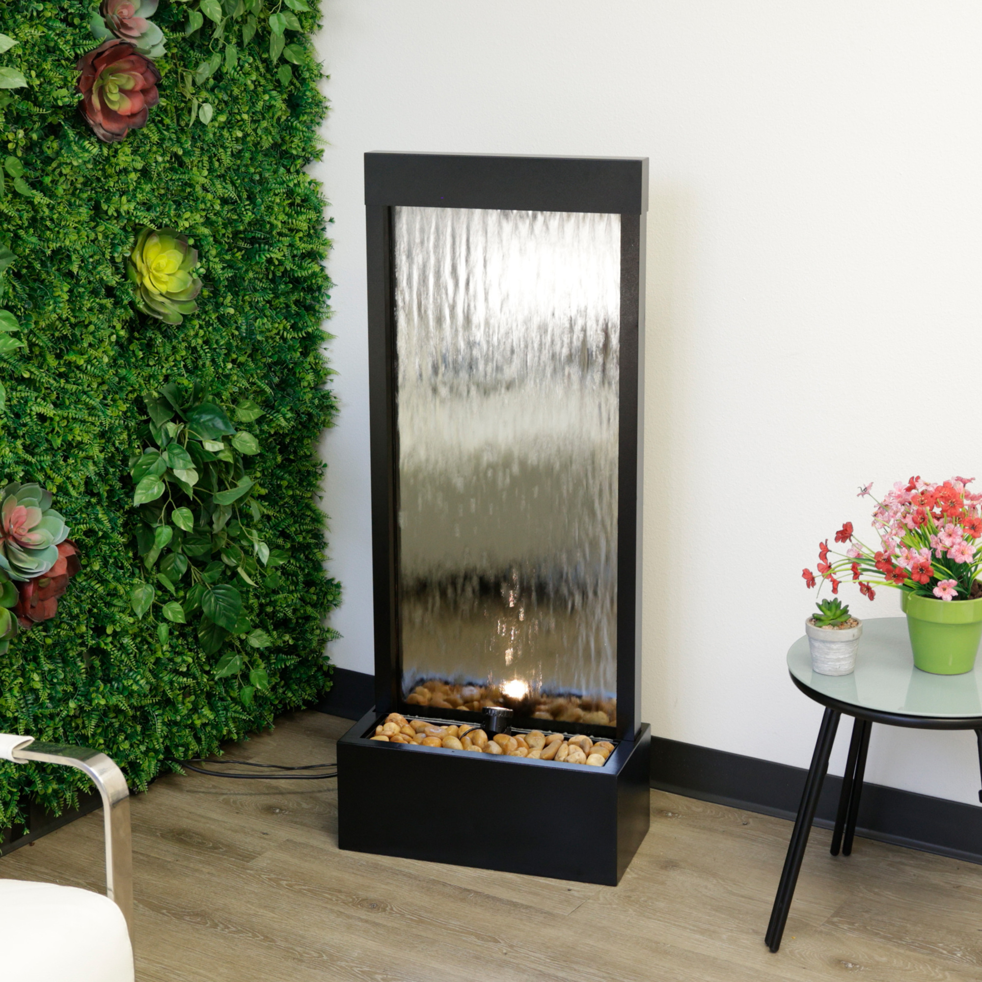Alpine Corporation MLT102S Indoor Zen Mirror Waterfall Floor Fountain with Stones and LED Lights, 48 inches, Silver