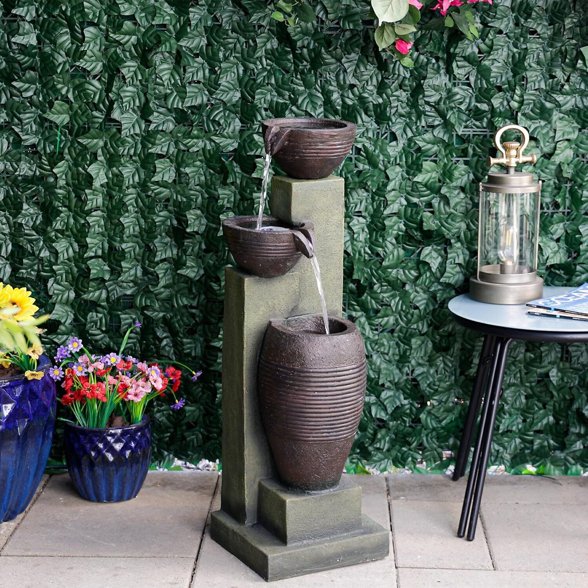 Alpine Corporation TZL386 32" 3 Tier Basins Water Fountain with LED Lights, Elegant Cascading Water Feature for Garden, Patio, Yard & Outdoor Spaces, Tranquil Ambiance, Relaxing Waterfall Decor, Gray