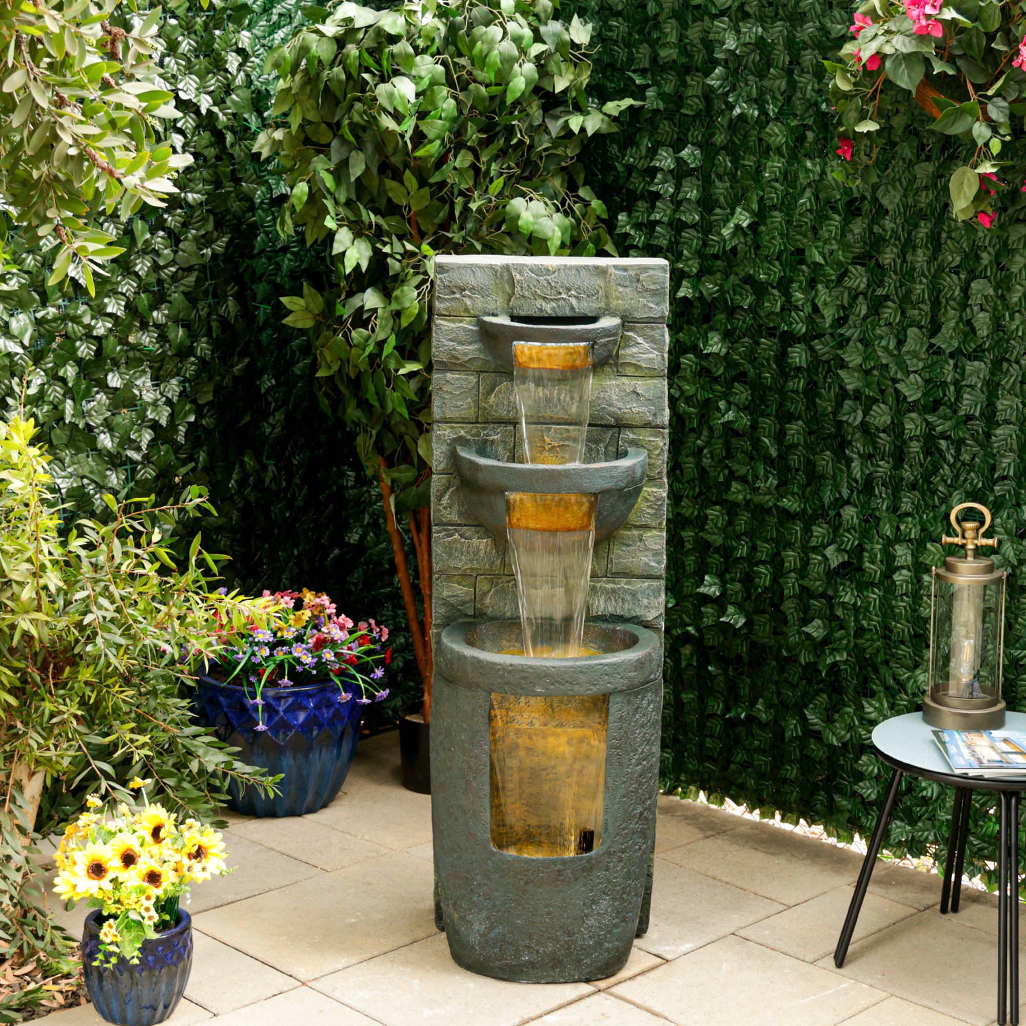 Alpine Corporation TZL384 51" 3-Tier Water Fountain with LED Lights, Elegant Cascading Water Feature for Garden, Patio, Lawn & Yard Spaces, Tranquil Ambiance, Decorative Waterfall, Gray