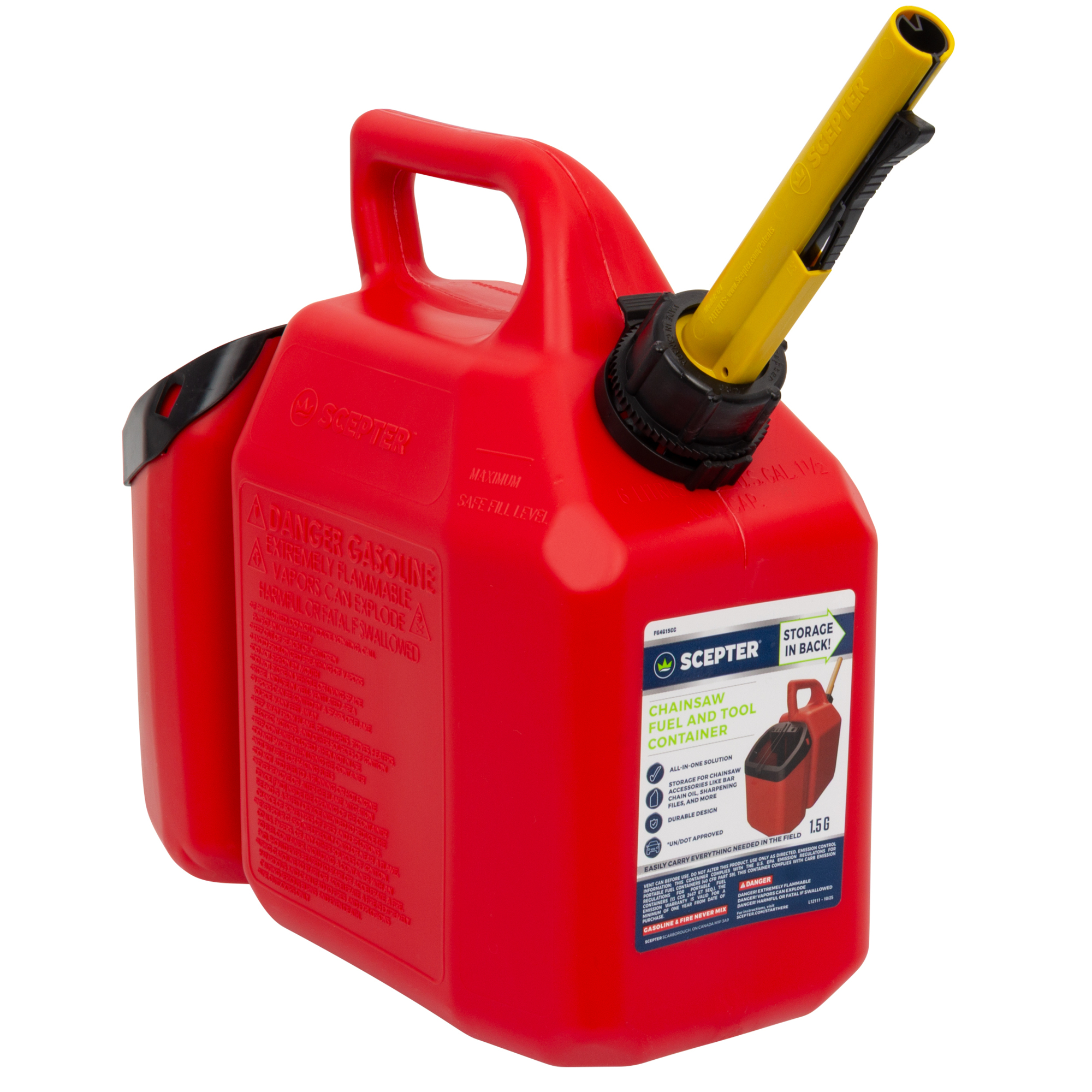 Scepter Chainsaw Fuel and Tool Gas Can, 1.5-Gal. Capacity, Integrated Storage, Model# FG4G15CC
