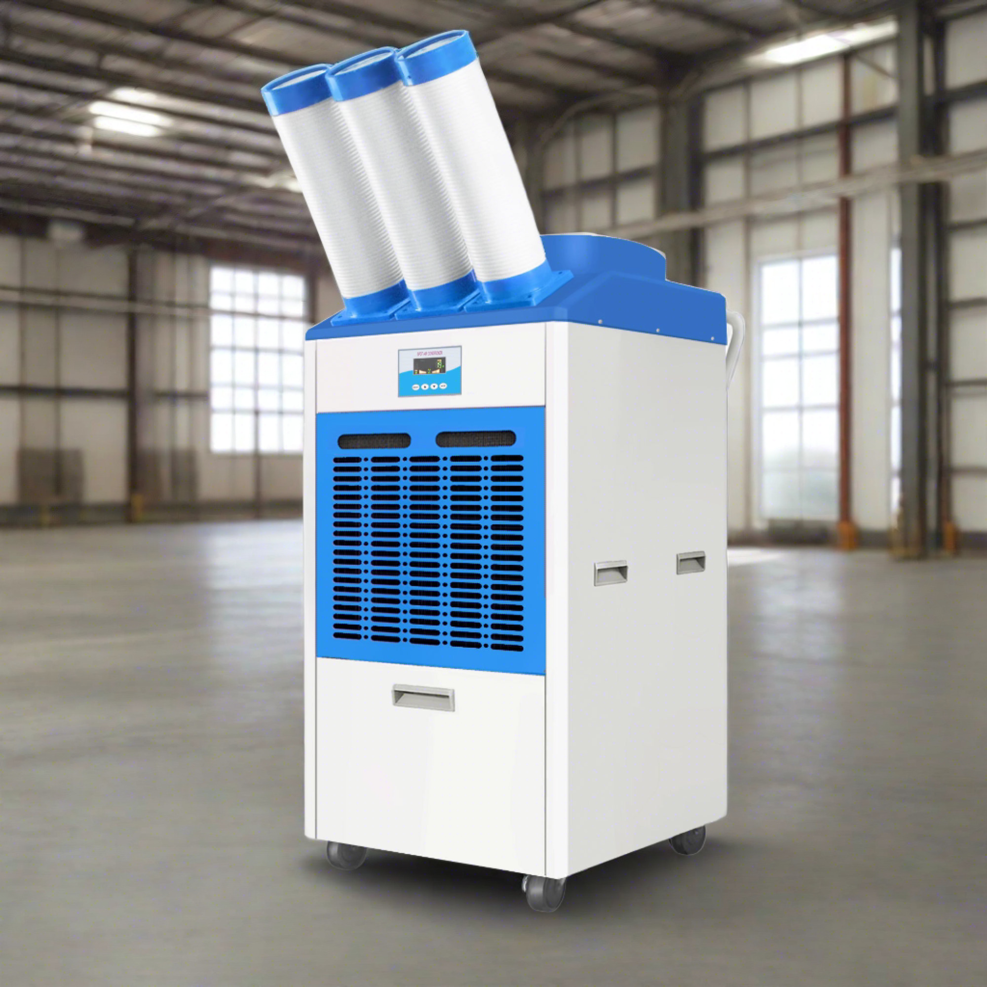 Cool-A-Zone SuperNova Flex: portable AC for 1930 sq. ft. Uses R32 refrigerant, 220V-13A plug & weighs 209 lbs. Features 3 outlet pipes, locking wheels & handle for portability.