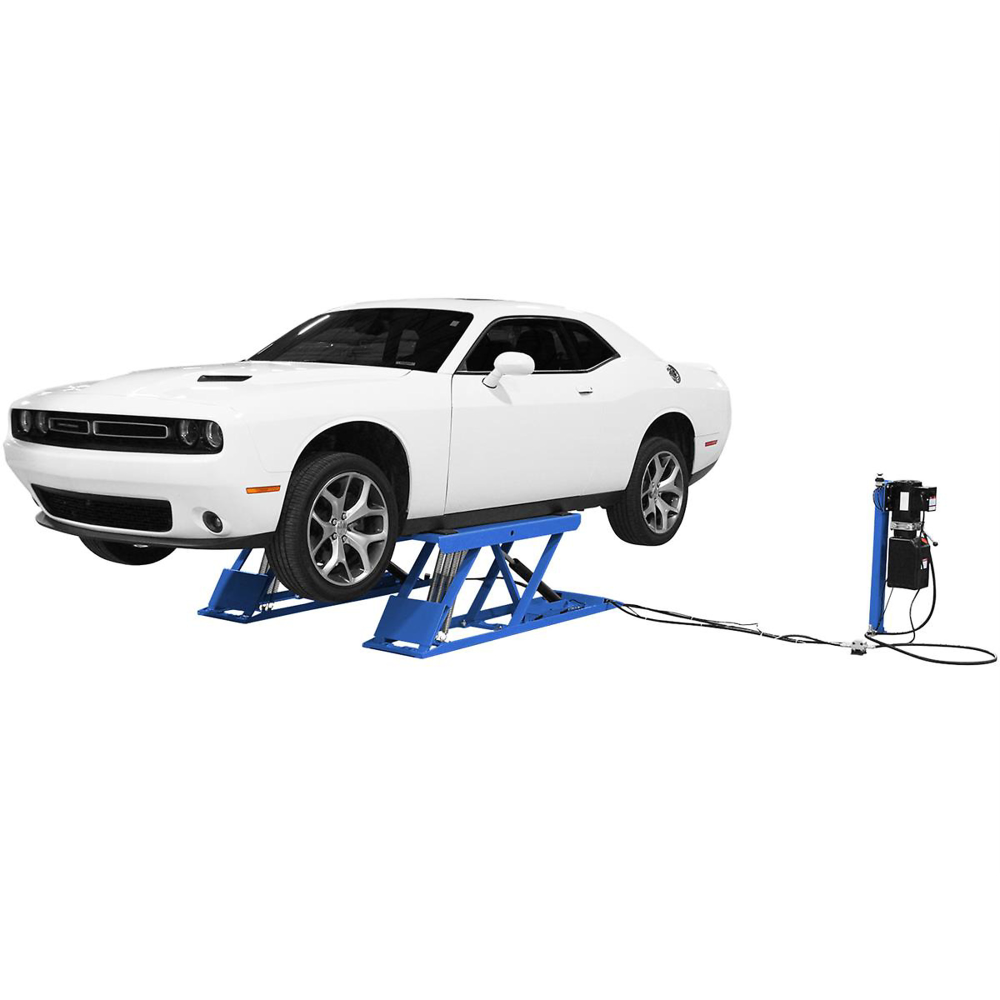 Atlas Automotive Equipment 6PL Commercial-grade Low-rise Scissors Lift, Open Center Design, 6,000lbs. Capacity, 4 Non-Slip Rubber Pads, Drive Over Ramps, Air-Operated Single Point Lock Release, 110V