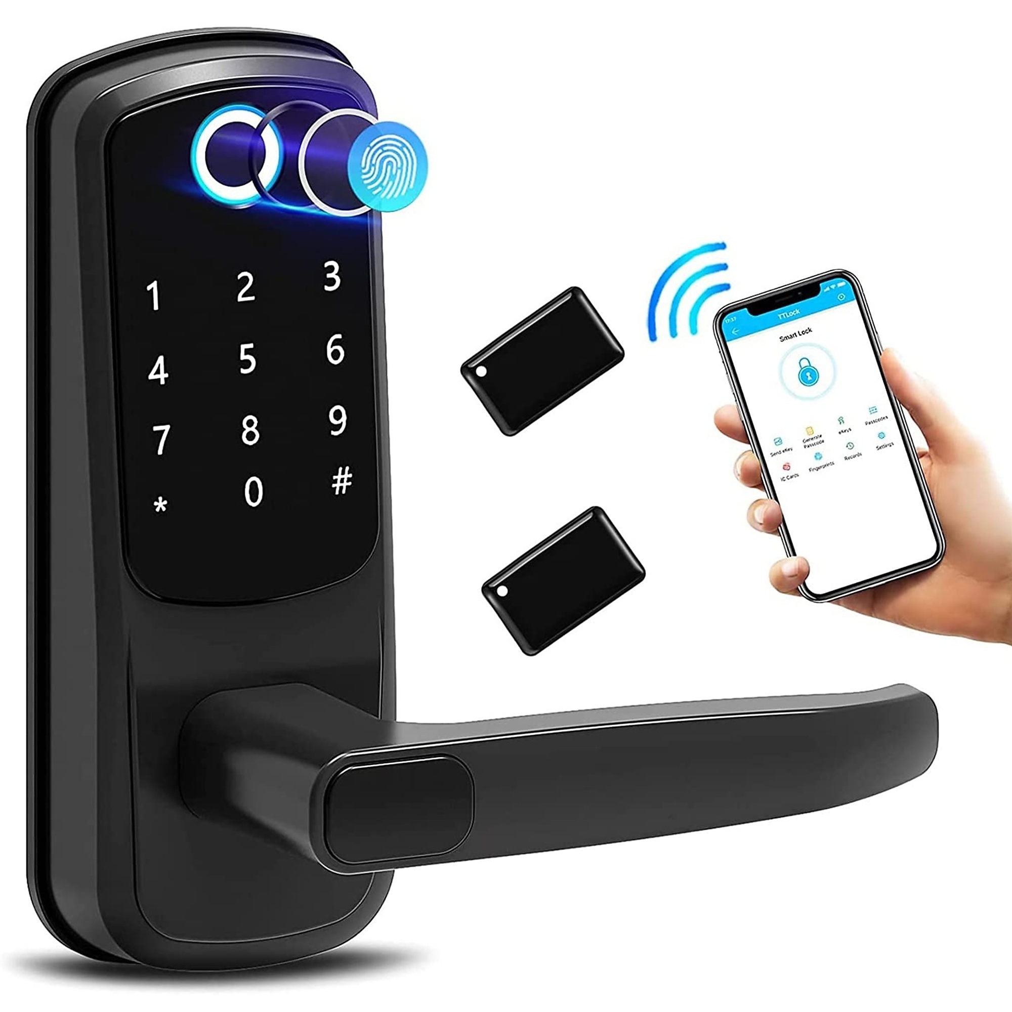 5 in 1 Corded Aluminum Smart Lock Deadbolt, Keyless Entry Door Lock with Fingerprint Digital, APP Control in Black