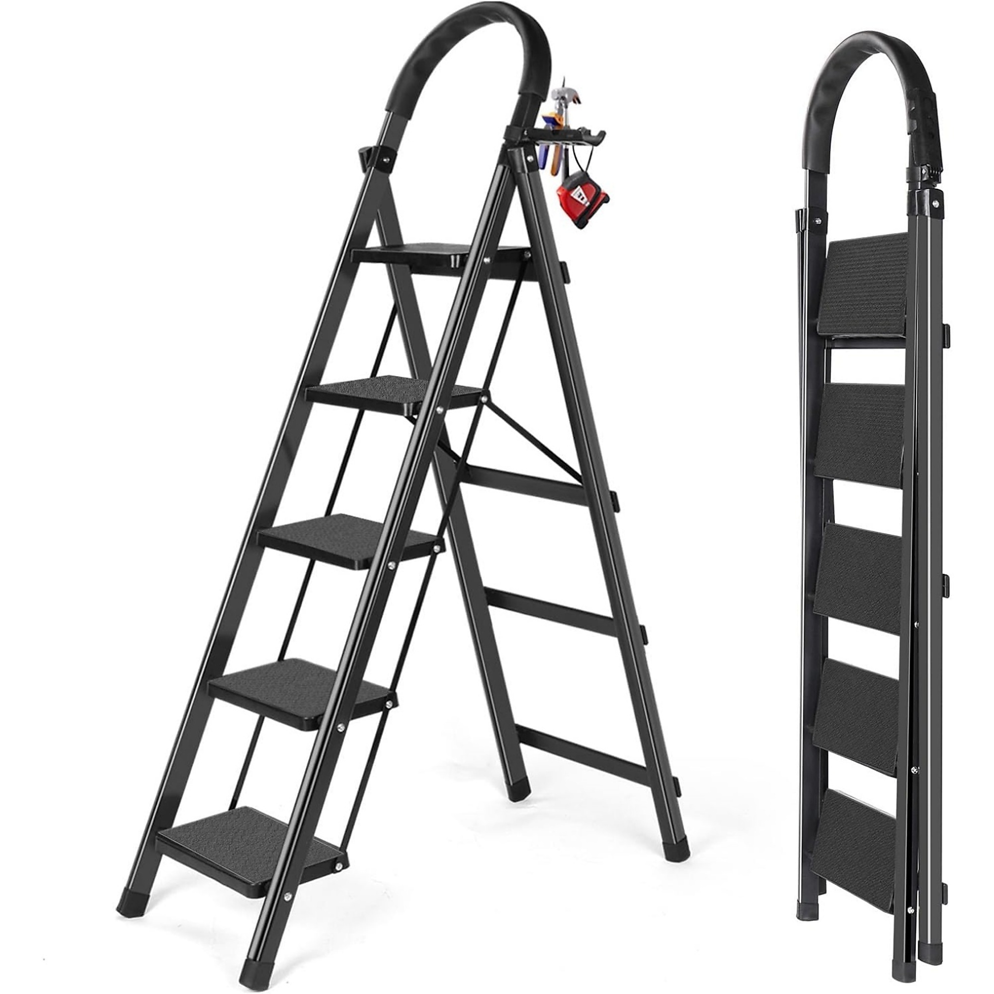 5 Step Folding Ladder in Black with Non-Slip Foot Mat and Fixing Buckle