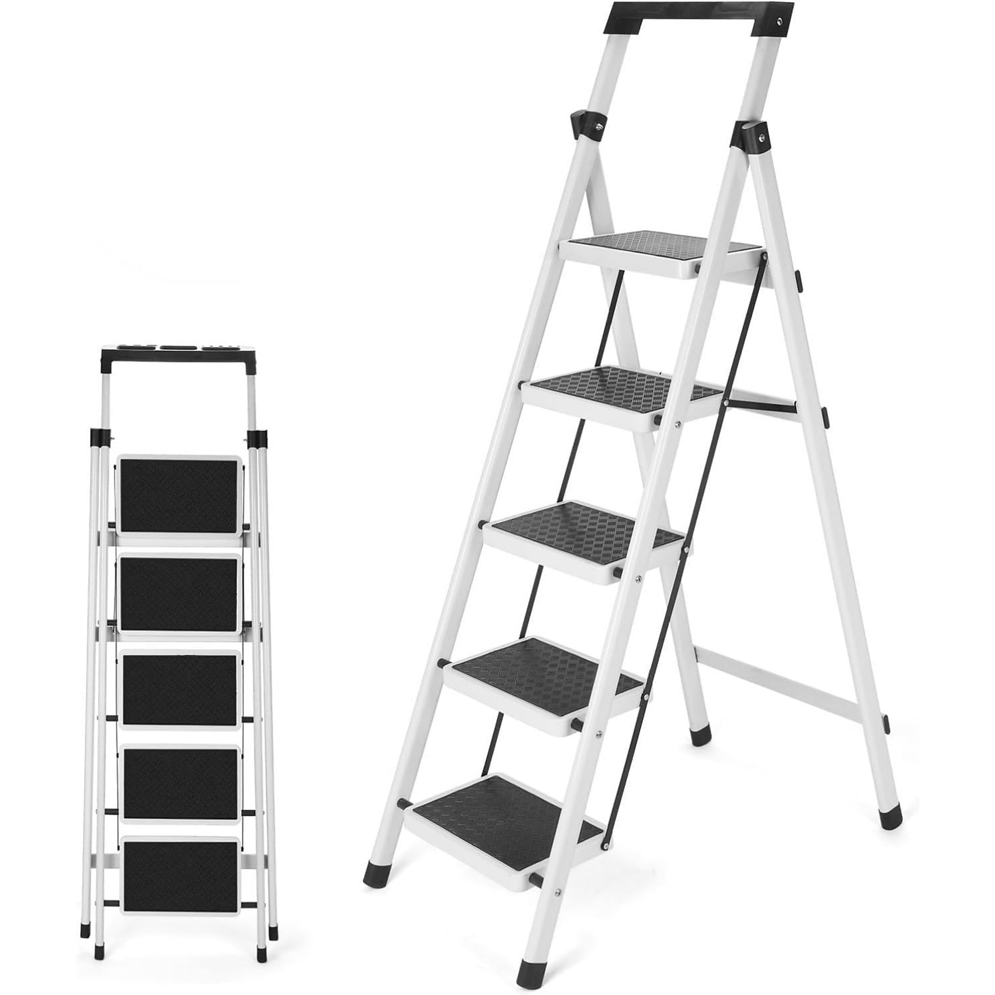 5 Step Folding Ladder in White with Triangular Stability and Hard Metal