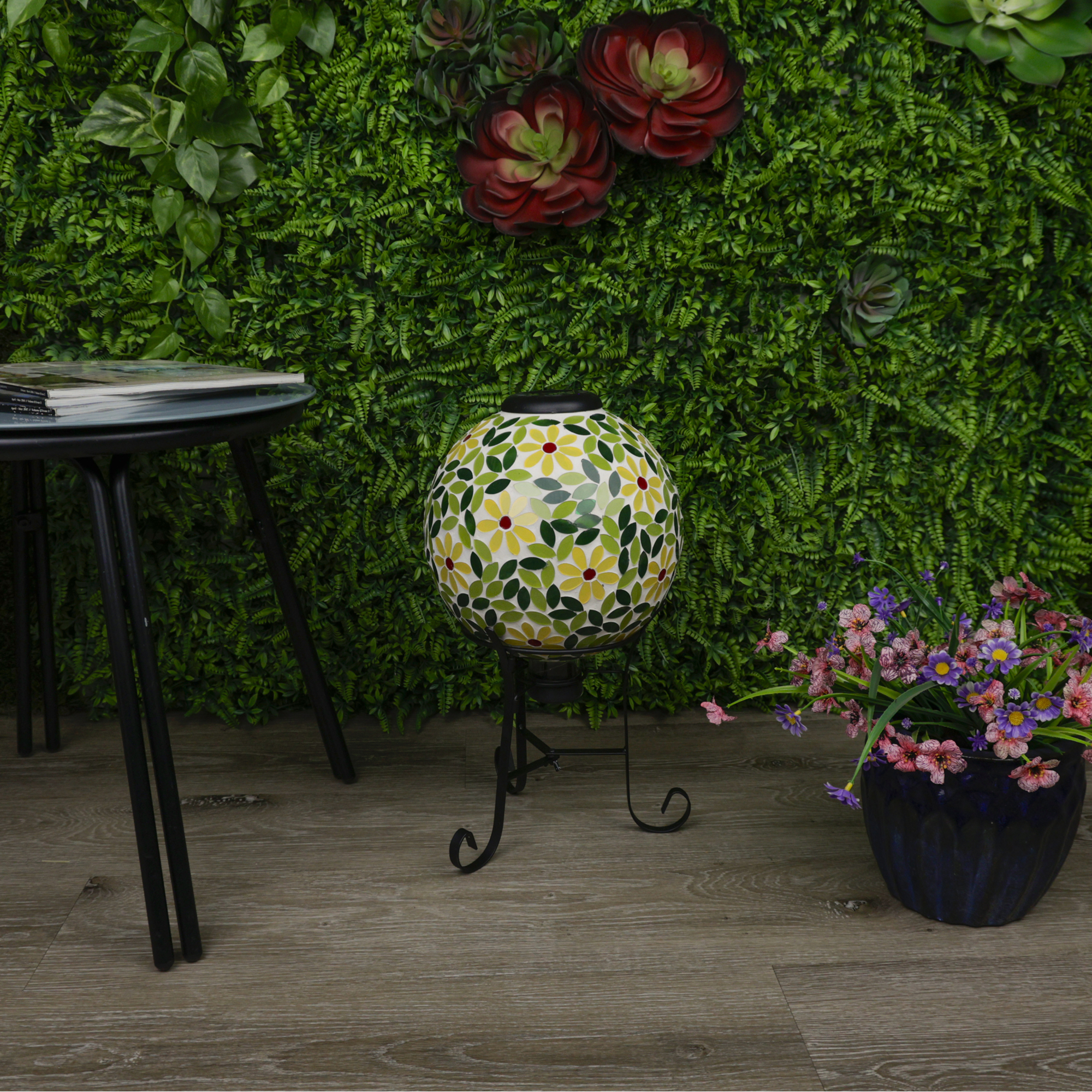 Alpine Corporation GRS1190A-SLR 11" Solar-Powered Floral Mosaic Glass Gazing Globe with Metal Stand, Decorative Garden Globe with Leaf and Flower Design for Lawn, Pathway, and Yard, Yellow