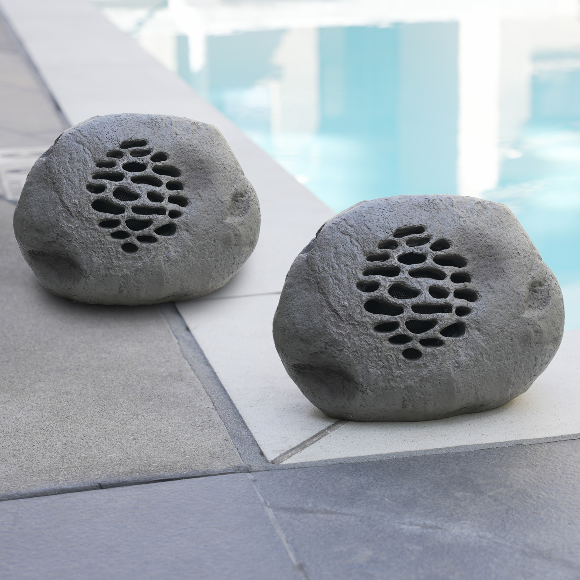 Alpine Corporation QLP952SLR-GR-2 9" Solar Bluetooth Rock Speaker Set, Wireless Outdoor Audio System for Patio, Deck, Poolside, Weather-Resistant, Gray, 2-Pack