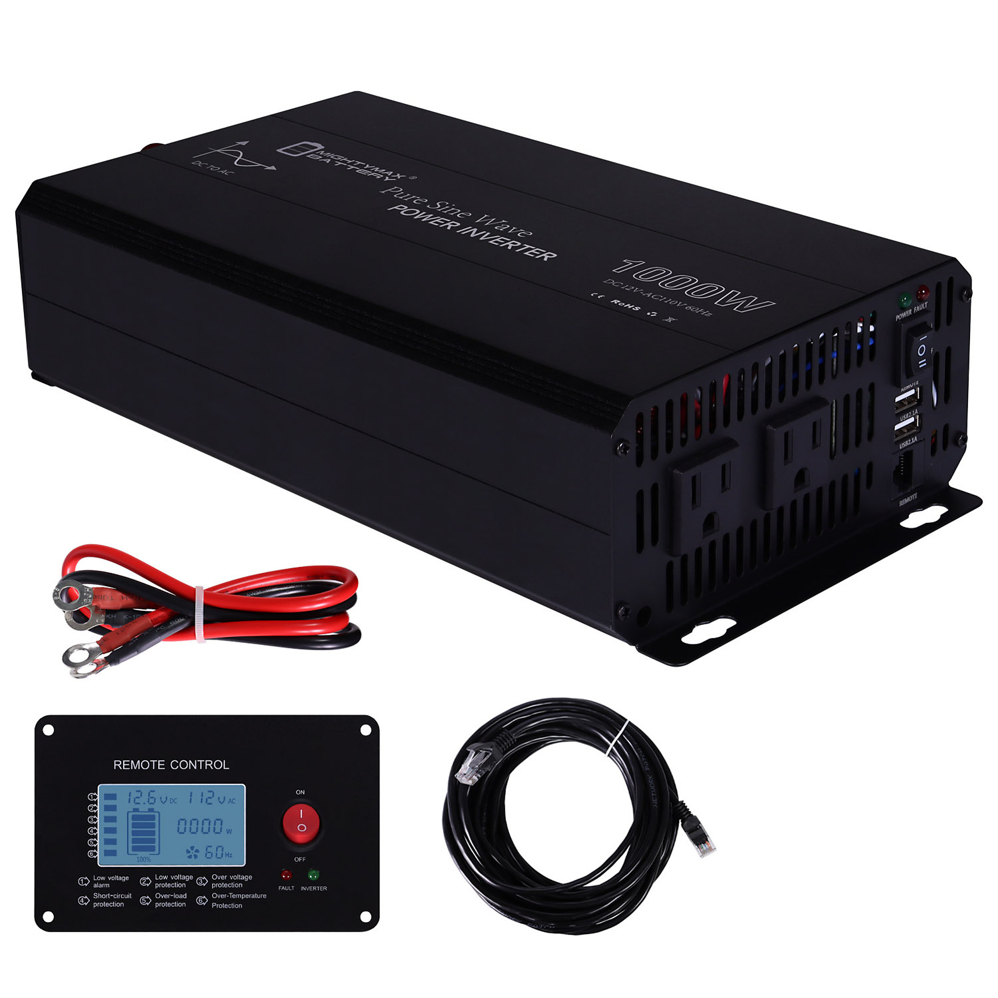 12V 1000W Pure Sine Wave Inverter With Wired LCD Remote Control, 12V DC ...