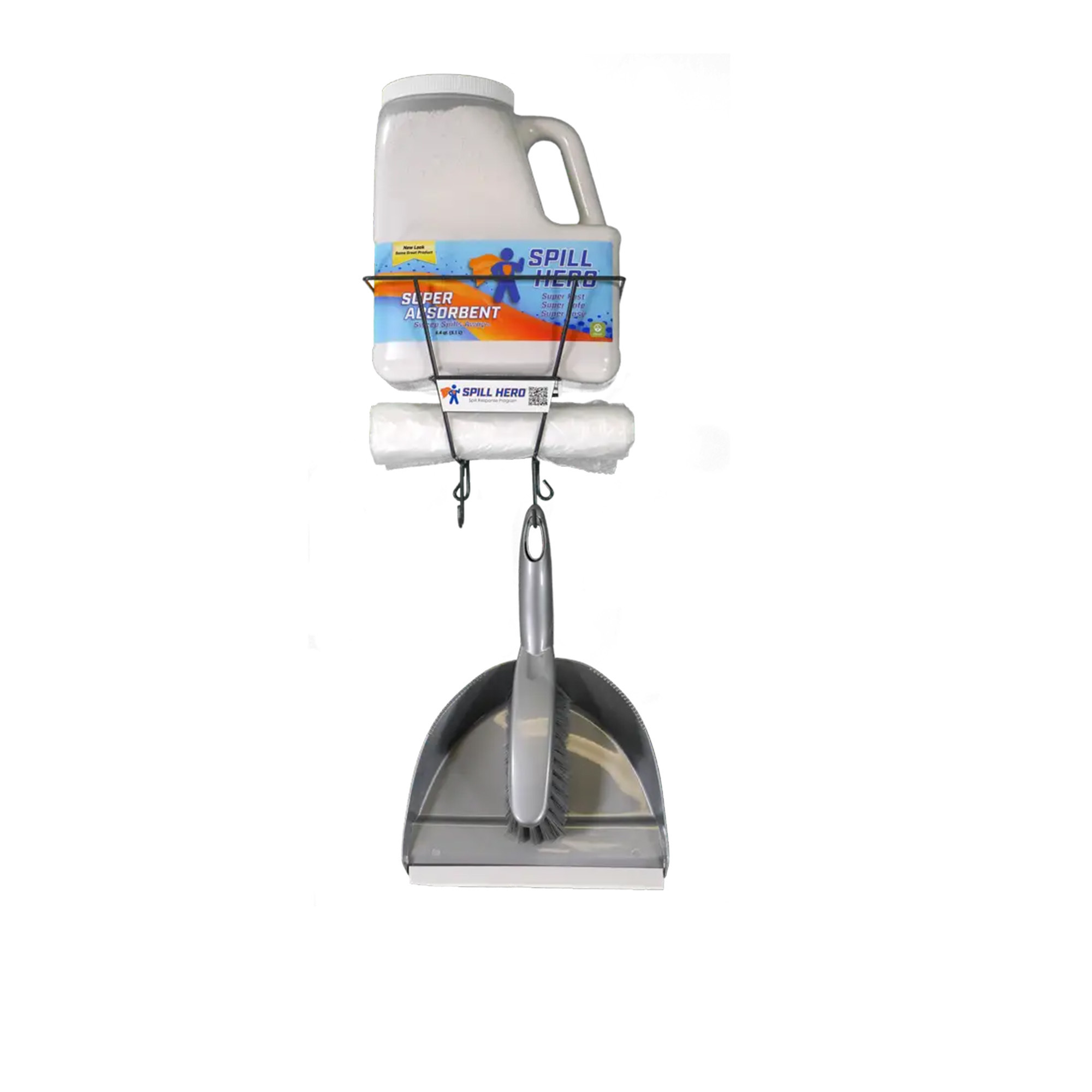 Spill Hero Station Complete with Wire Rack, XL72 Bottle, Dustpan/Brush Set, W437-2 Roll of Disposal Bags, 2/cs