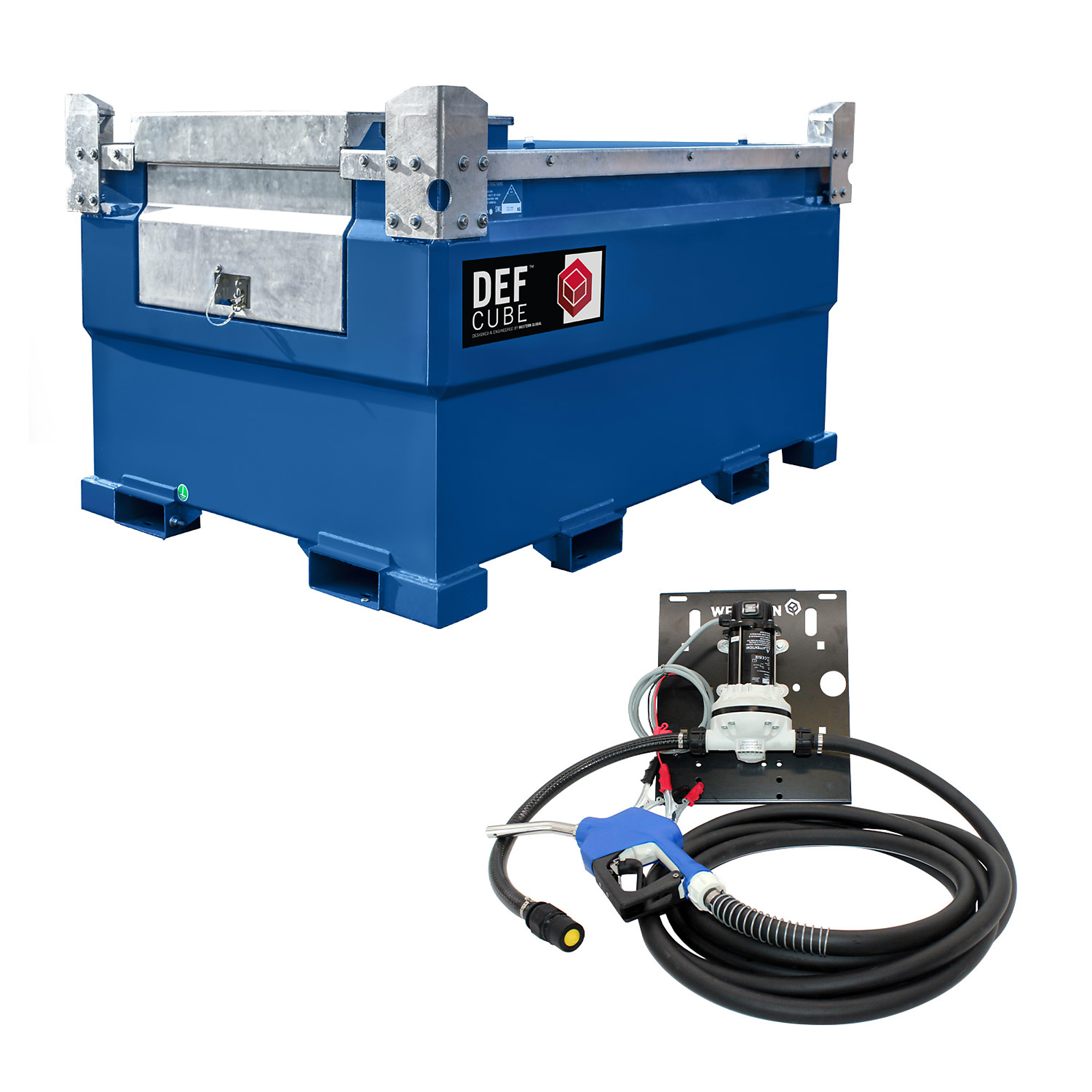 Western Global, DEFCube, 597 Gallon, DEF Storage Tank with 12V Pump Kit and Gauge, Shape Rectangle, Model# DEFCBN0550-012M