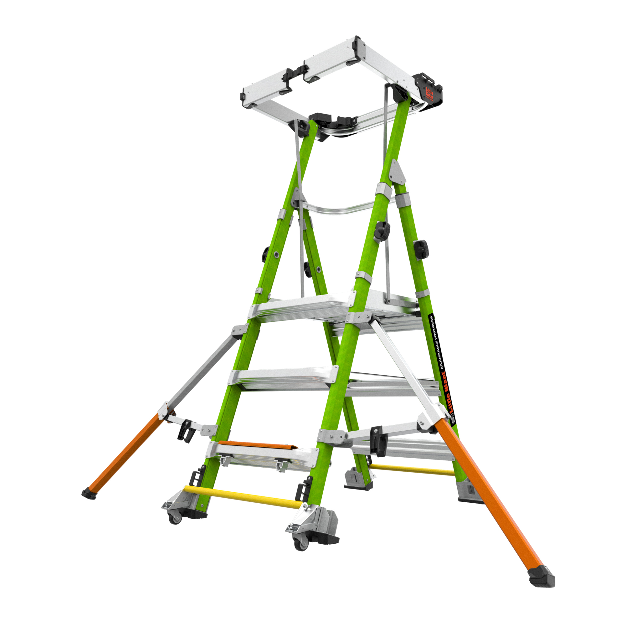 Little Giant Ladder, FORTRESS, Adjustable 3'-6' Model - ANSI Type IAA - 375 lb Rated, Fiberglass Platform Ladder with Adjustable Stabilizing Outriggers, GROUND CUE, Wraparound Enclosure, and Auto-Closing Gate, Model # 19313