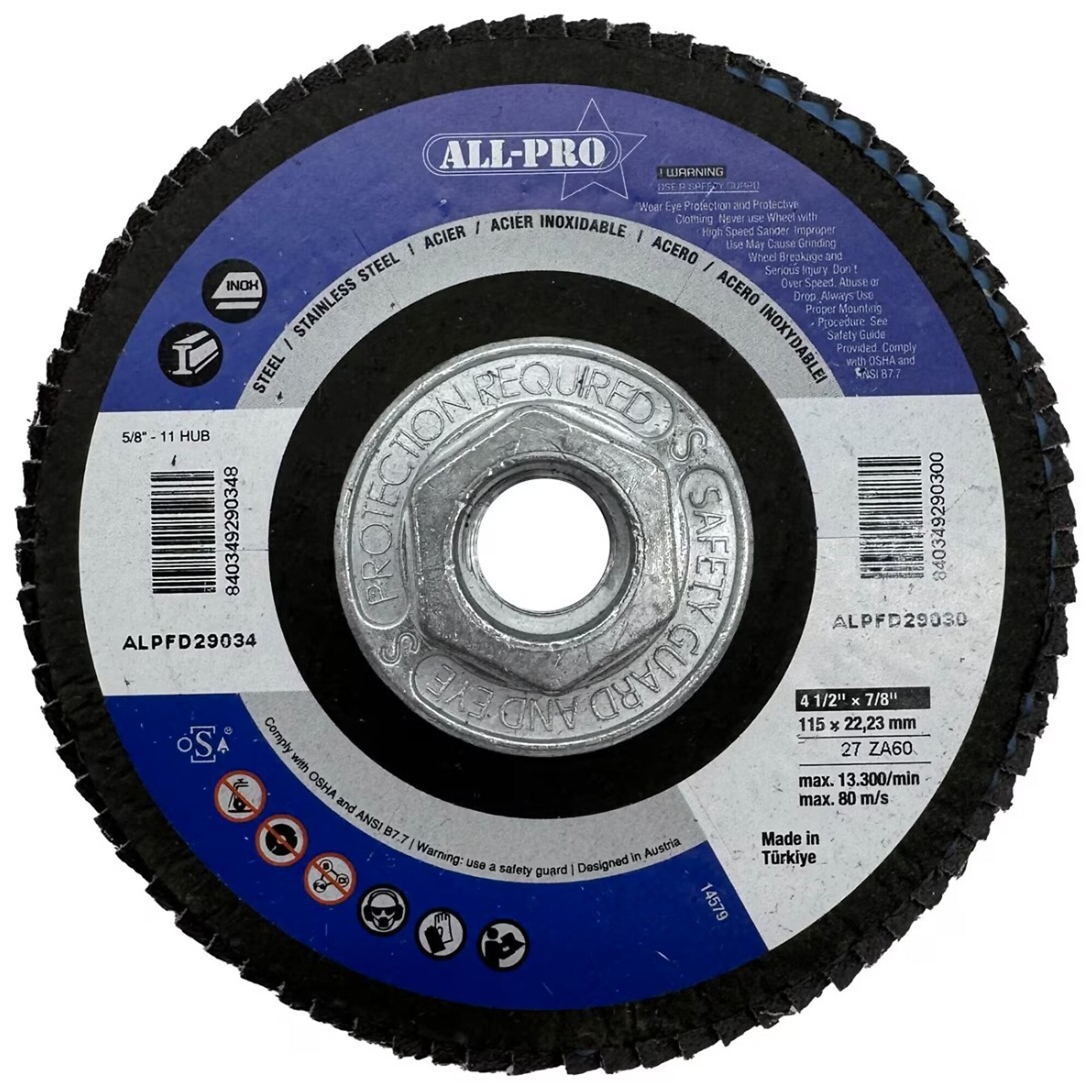 All Pro Flap Disc, 4 1/2", 5/8-11, ZA, T27, 60 Grit, 5/BX
