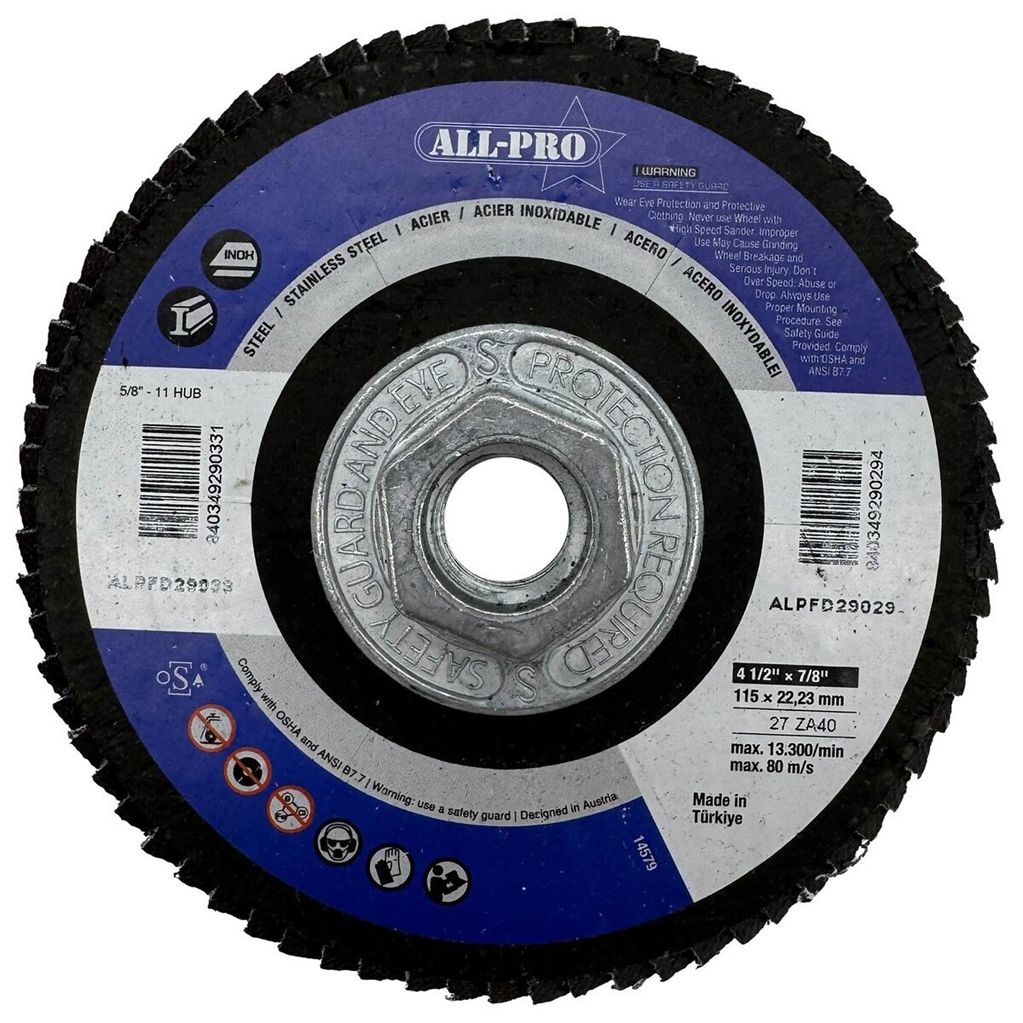 All Pro Flap Disc, 4 1/2", 5/8-11, ZA, T27, 40 Grit, 5/BX