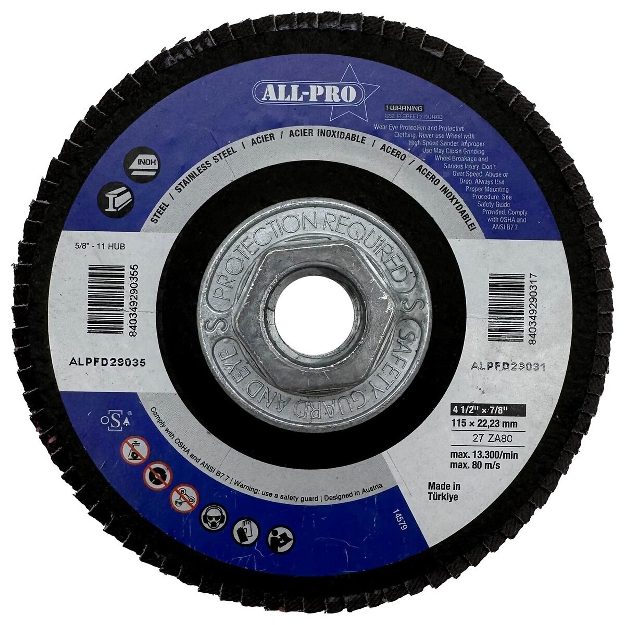 All Pro Flap Disc, 4 1/2", 5/8-11, ZA, T27, 80 Grit, 5/BX