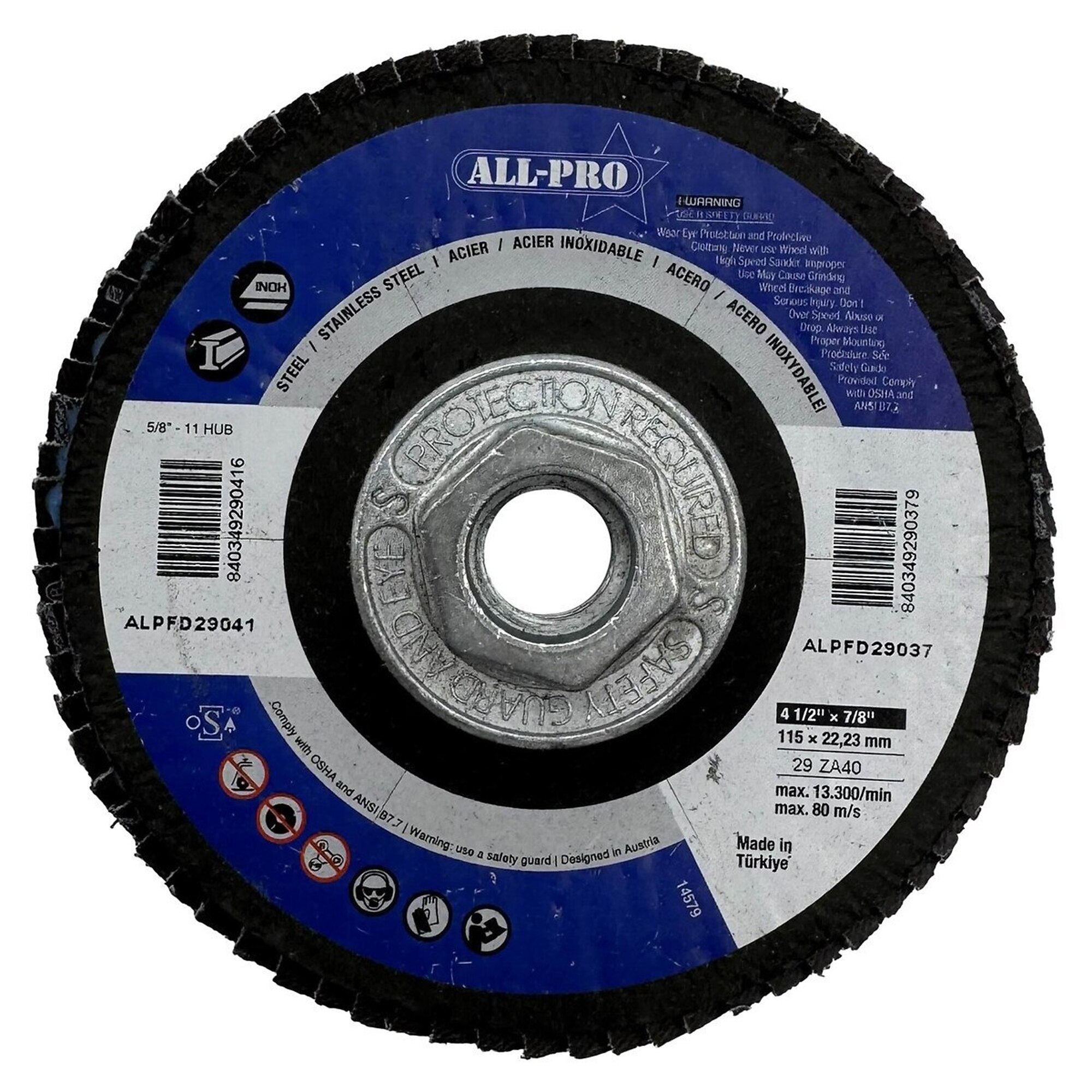 All Pro Flap Disc, 4 1/2", 5/8-11, ZA, T29, 40 Grit, 5/BX