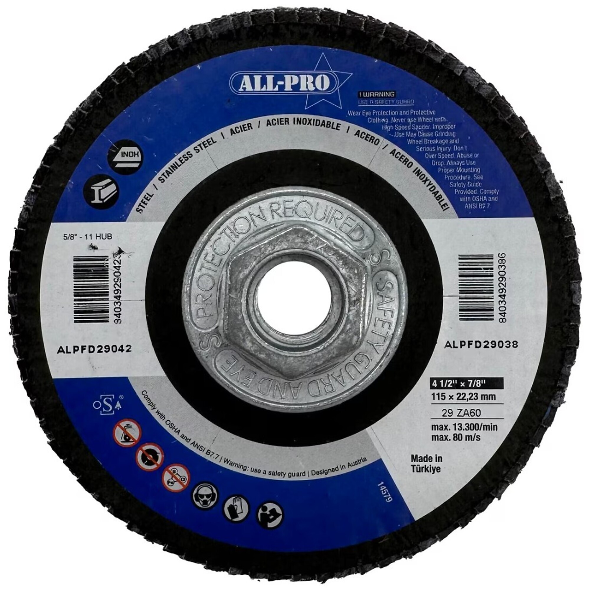 All Pro Flap Disc, 4 1/2", 5/8-11, ZA, T29, 60 Grit, 5/BX