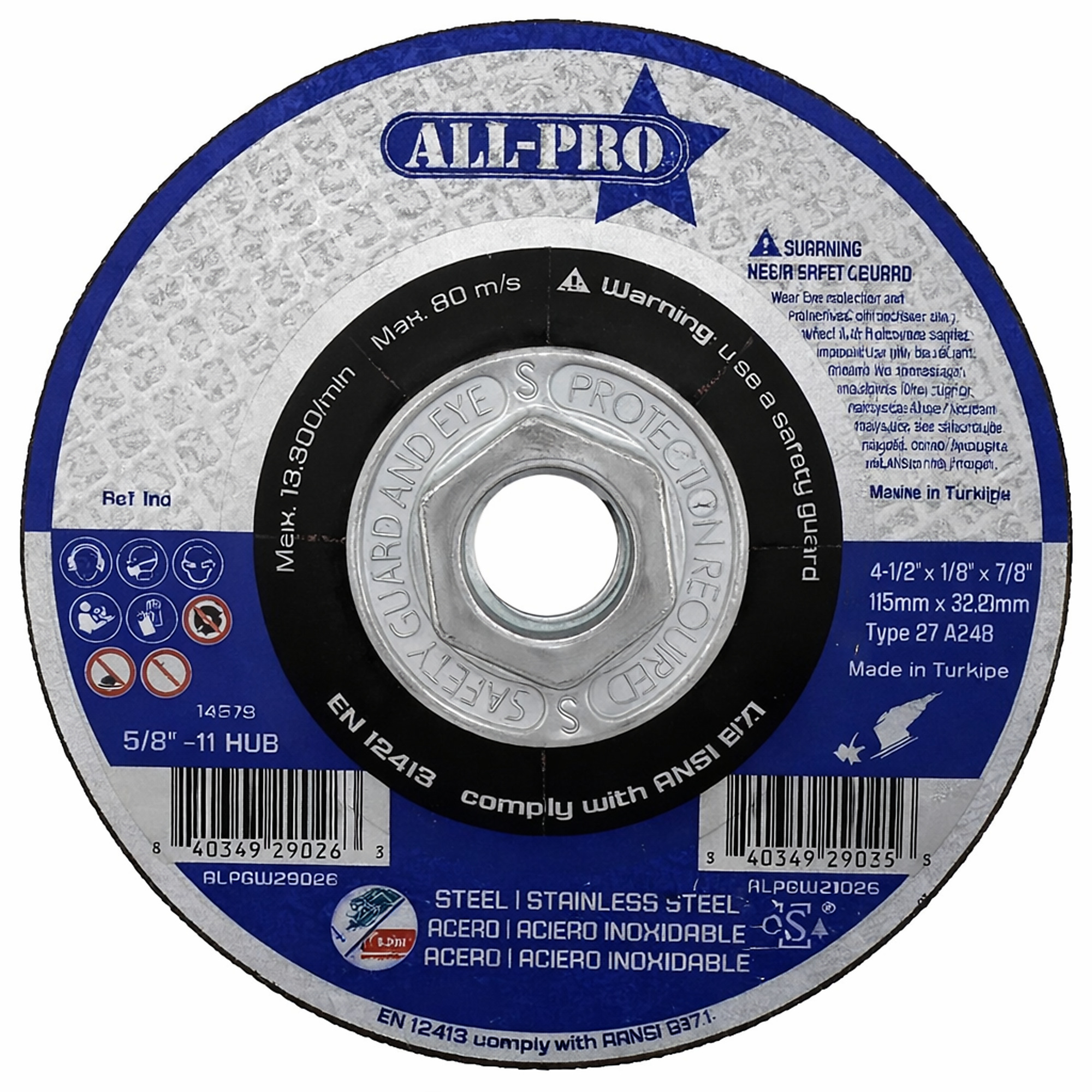 All Pro Grinding Wheel 4 1/2", 1/4", 5/8-11, A30Q T27 5/BX