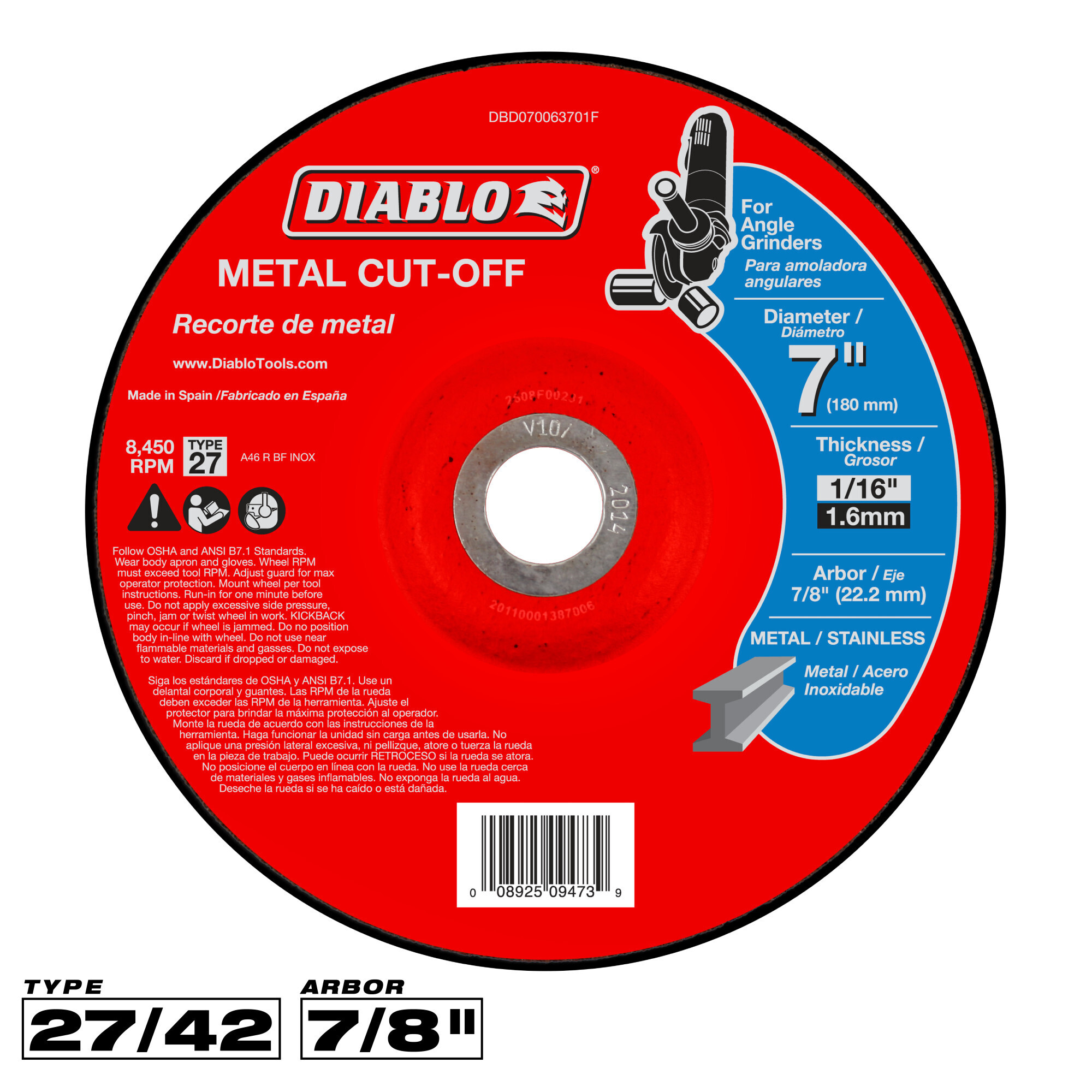 Diablo, Metal Cut-Off Disc, 7" x 1/16", DBD070063701F