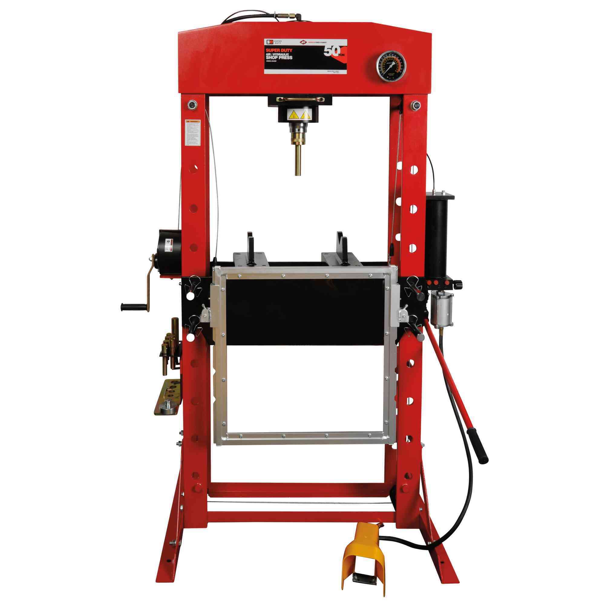 American Forge & Foundry - Shop Press - 50 Ton Capacity - Foot Operated Air Motor/Manual Pump W/ Hydraulic Ram - Built In Polycarbonate Press Guard - 10 pc  Pin & Bearing Press Adapter Set Included - SUPER DUTY - Model