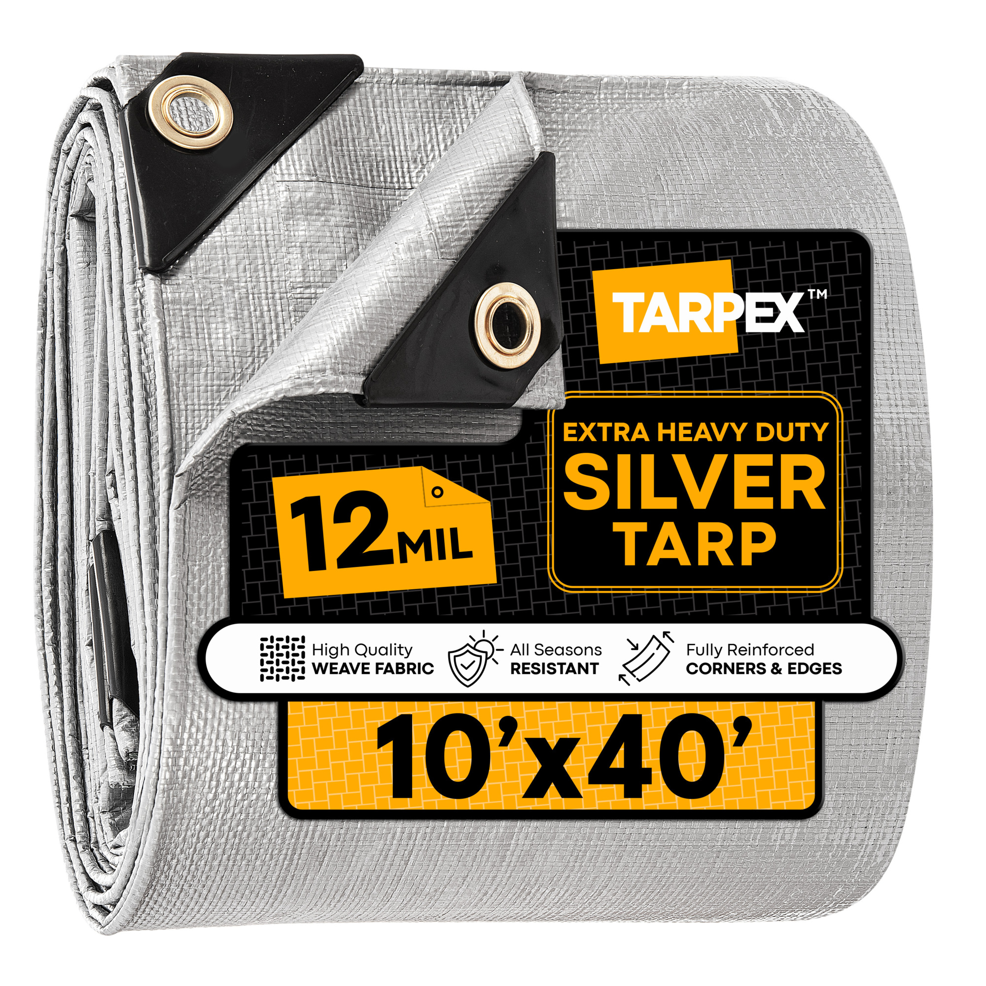 TARPEX 10' x 40' Silver Extra Heavy-Duty Weatherproof Tarp – 12 Mil Poly with Reinforced Edges for All-Purpose Protection