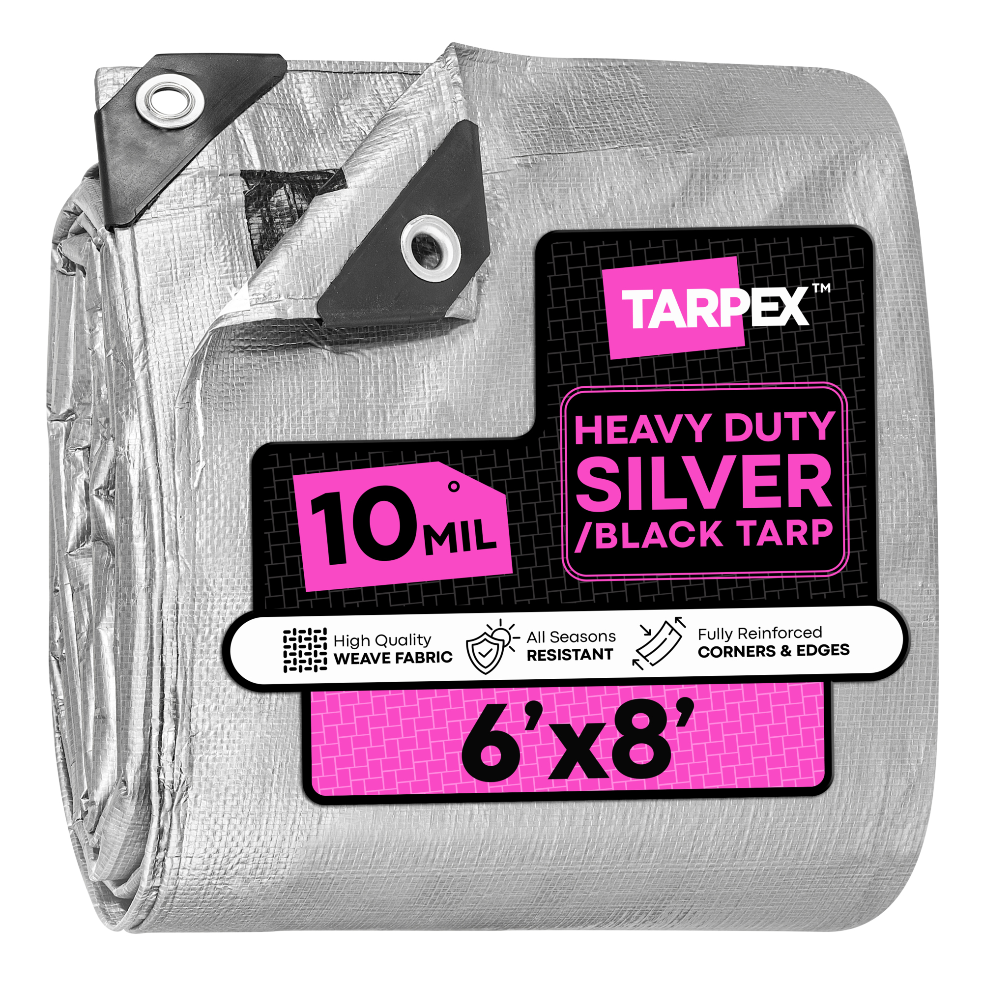TARPEX 6' x 8' Silver/Black Waterproof Heavy-Duty 10 Mil Polyethylene Tarp with Reinforced Edges – Multipurpose Outdoor Cover
