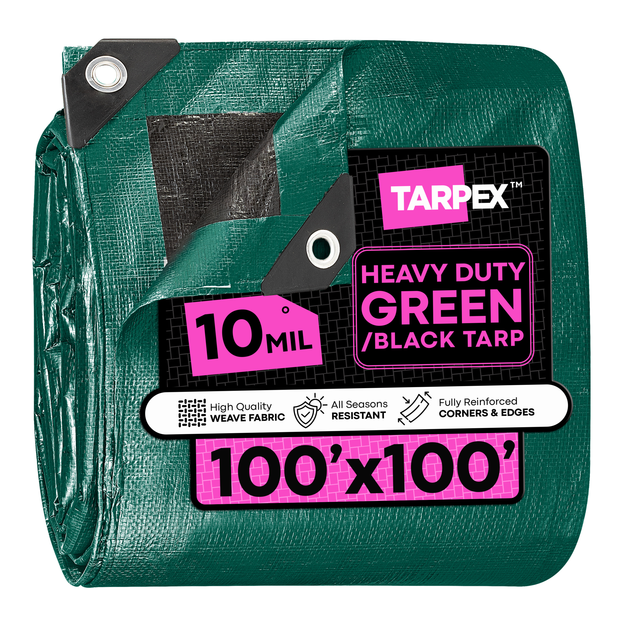 TARPEX 100' x 100' Green/Black Waterproof Heavy-Duty 10 Mil Polyethylene Tarp with Reinforced Edges – Multipurpose Outdoor Cover