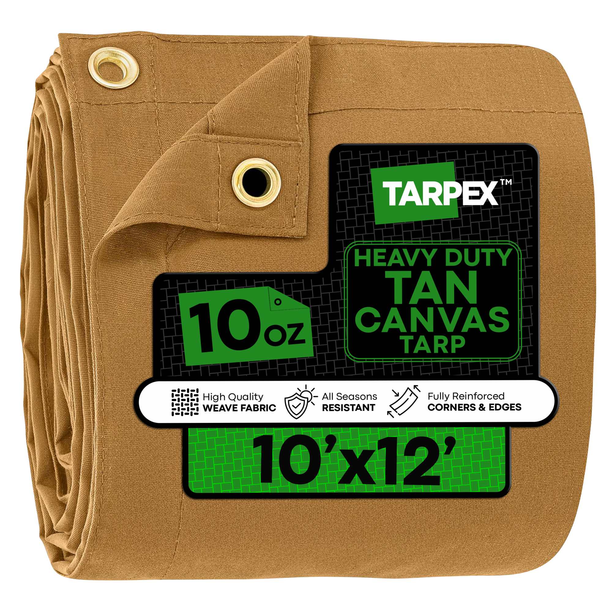 Tarpex 10' x 12' Tan 10 oz. Canvas Tarp – Heavy-Duty, Water Resistant, with Brass Grommets
