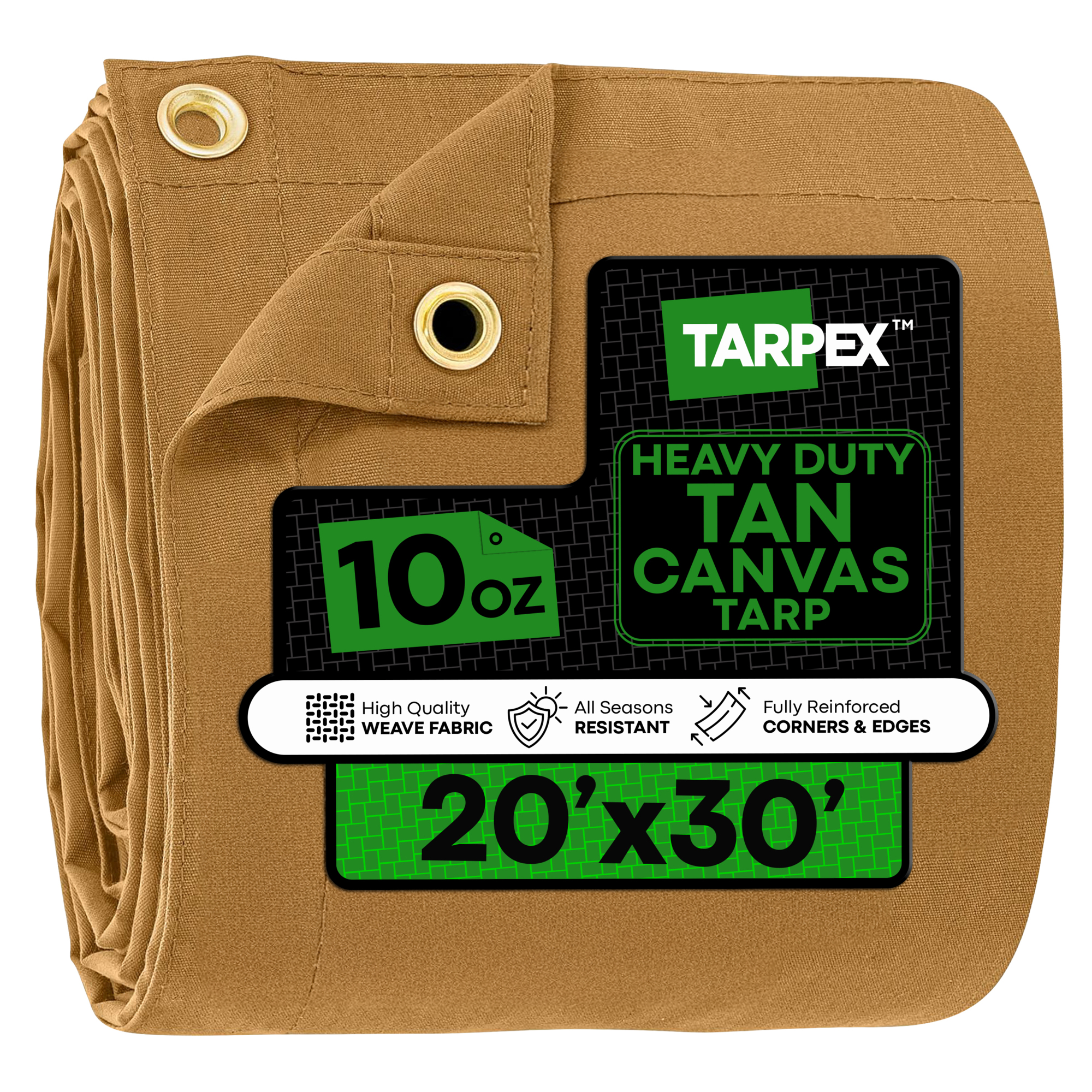 Tarpex Heavy-Duty Canvas Tarp — 20ft. x 30ft., 10 Oz., Water-Resistant, Brass Grommets, Tan, Model# CTT10-TA-2030