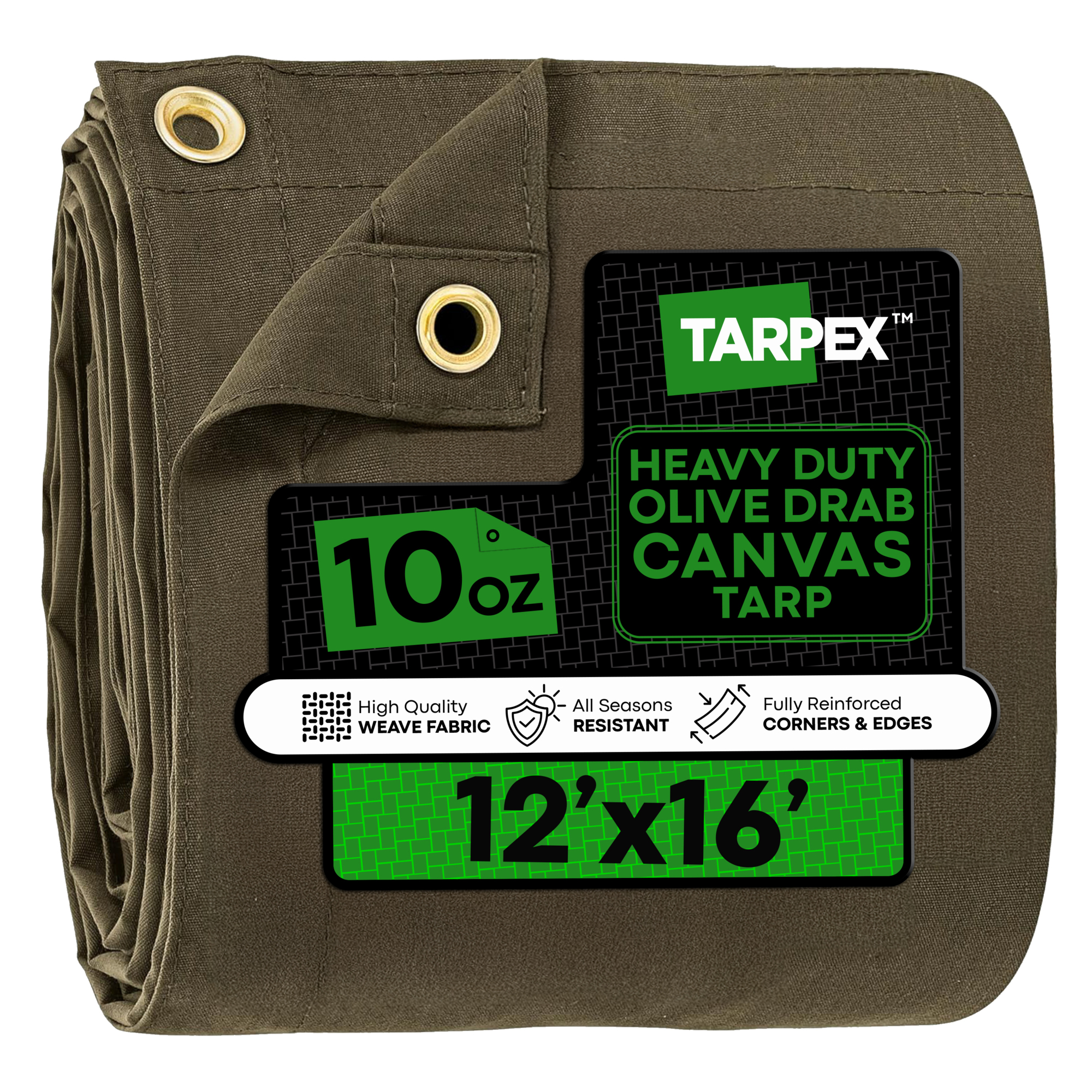 Tarpex 12' x 16' Olive Drab 10 oz. Canvas Tarp – Heavy-Duty, Water Resistant, with Brass Grommets