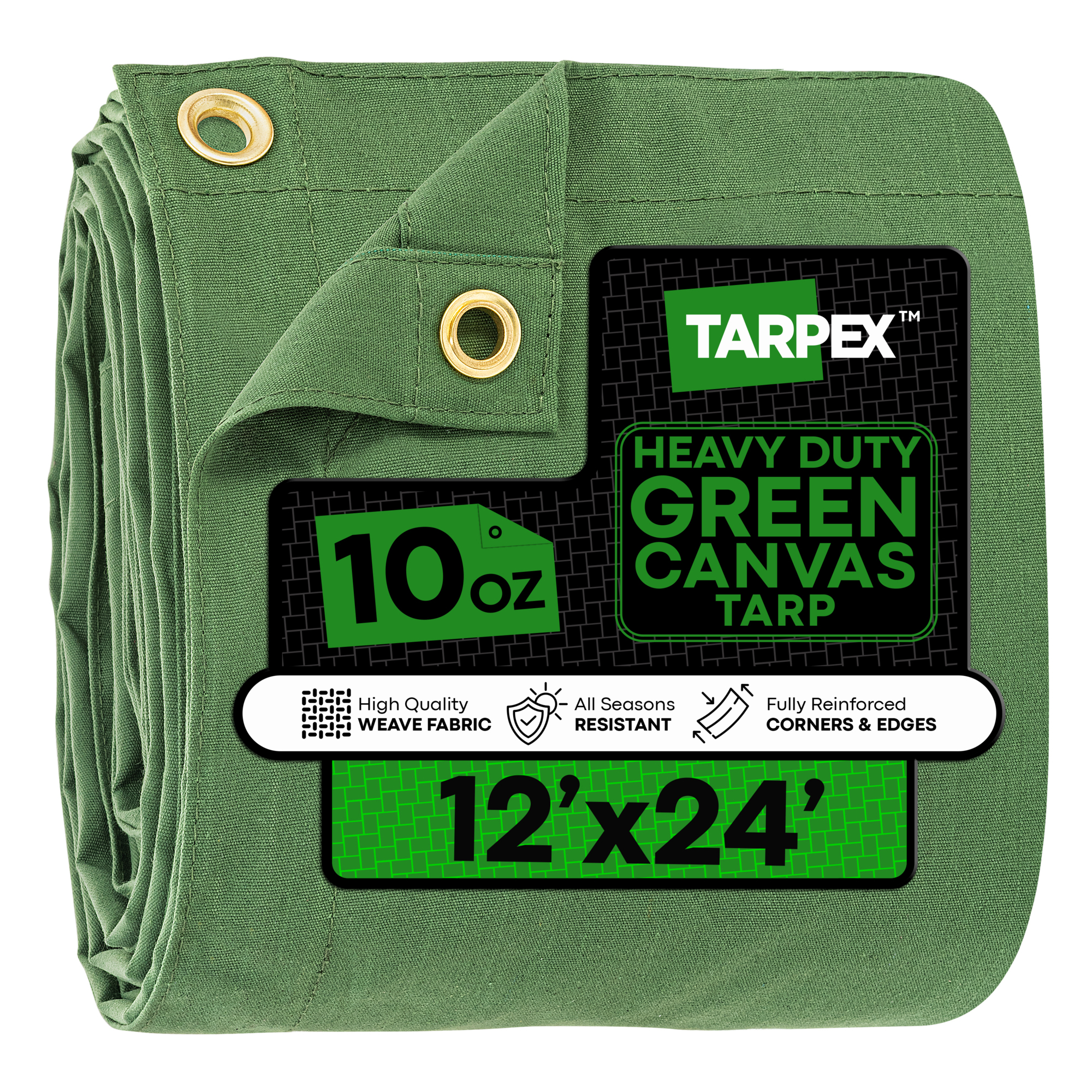 Tarpex Heavy-Duty Canvas Tarp — 12ft. x 24ft., 10 Oz., Water Resistant, Brass Grommets, Green, Model# CTG10-TA-1224