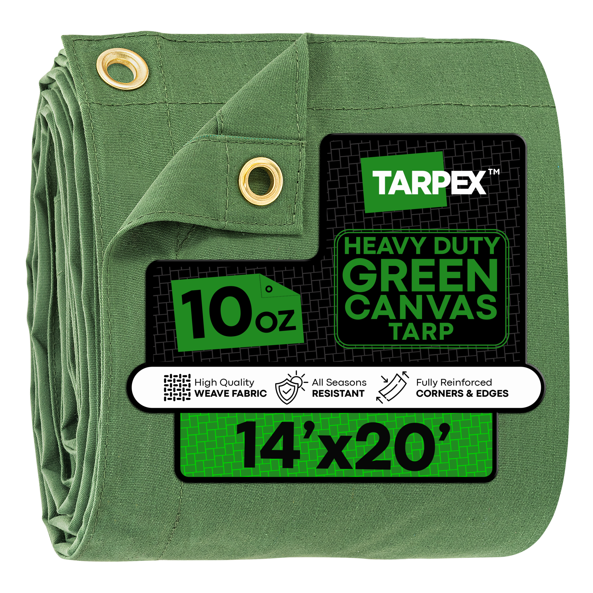Tarpex 14' x 20' Green 10 oz. Canvas Tarp – Heavy-Duty, Water Resistant, with Brass Grommets