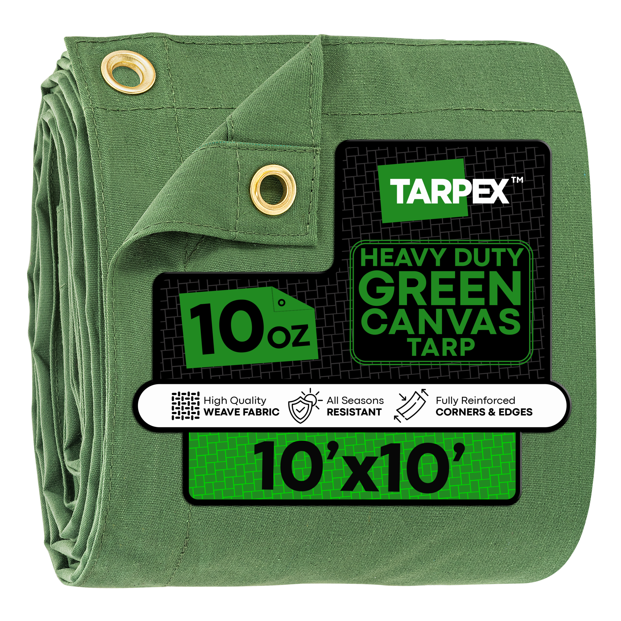 Tarpex 10' x 10' Green 10 oz. Canvas Tarp – Heavy-Duty, Water Resistant, with Brass Grommets