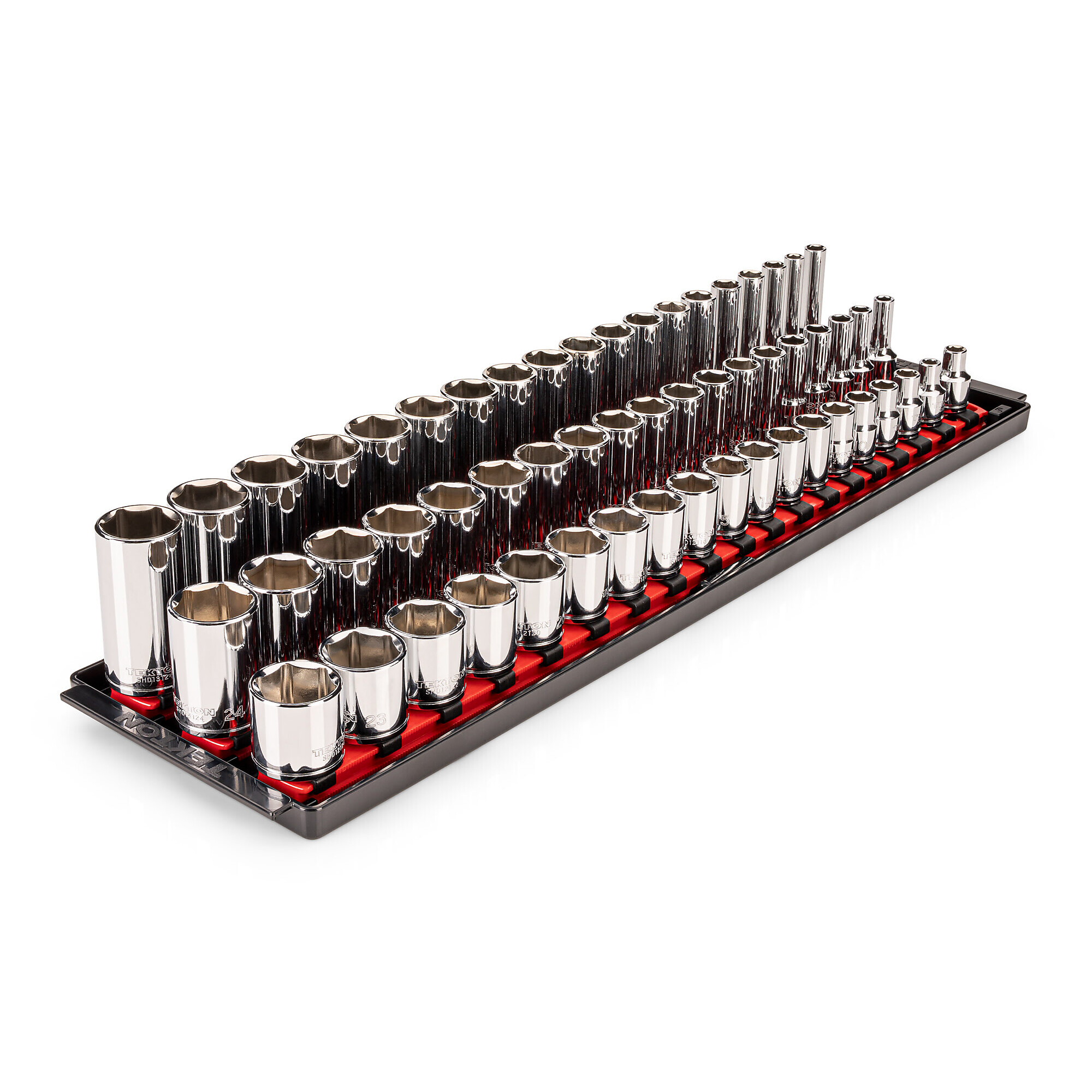 TEKTON 3/8 Inch Drive Shallow, Semi-Deep, and Deep 6-Point Socket Set with Rails and Trays, 57-Piece (6 - 24 mm) | SHD91124