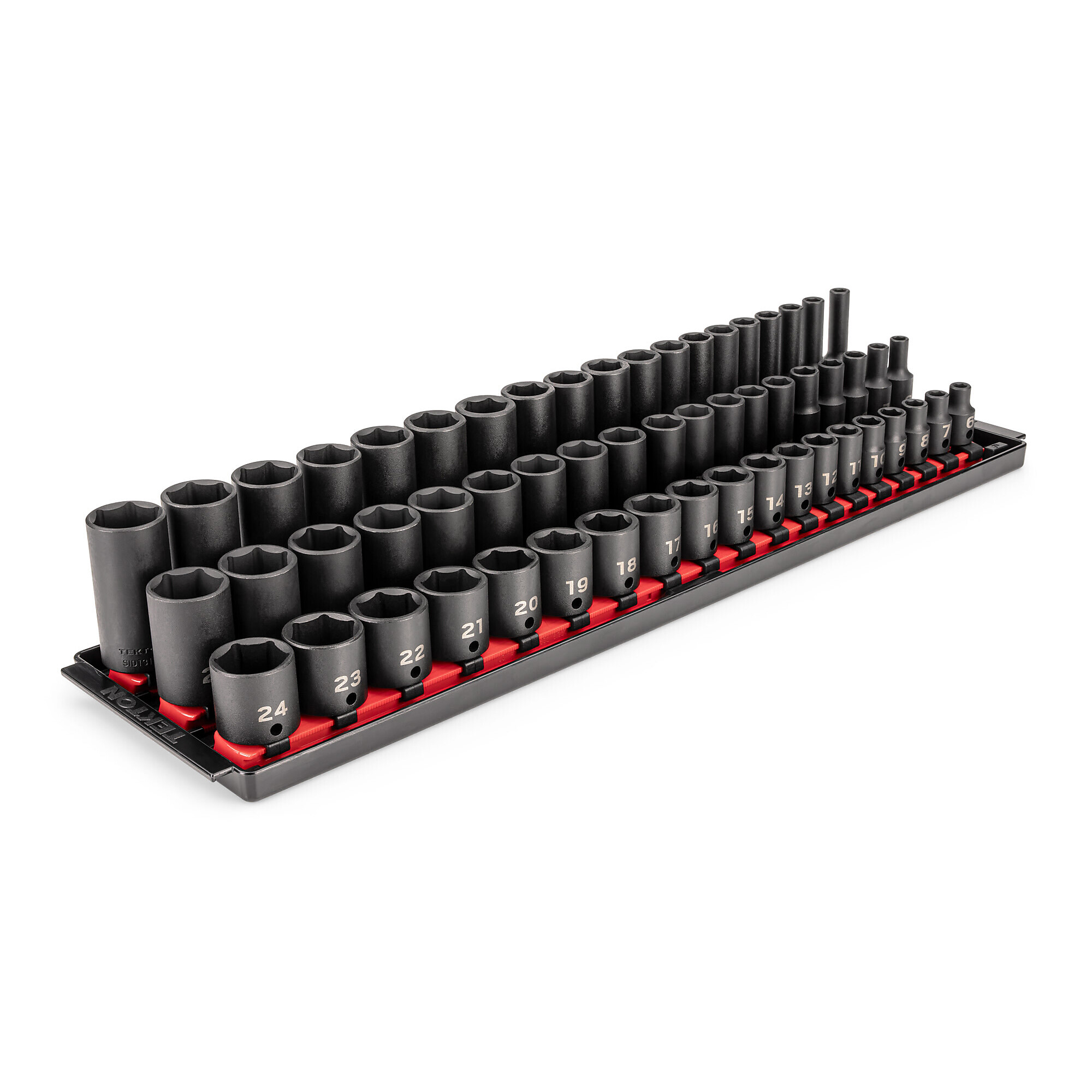 TEKTON 3/8 Inch Drive Shallow, Semi-Deep, and Deep 6-Point Impact Socket Set with Rails and Trays, 57-Piece (6 - 24 mm) | SID91121