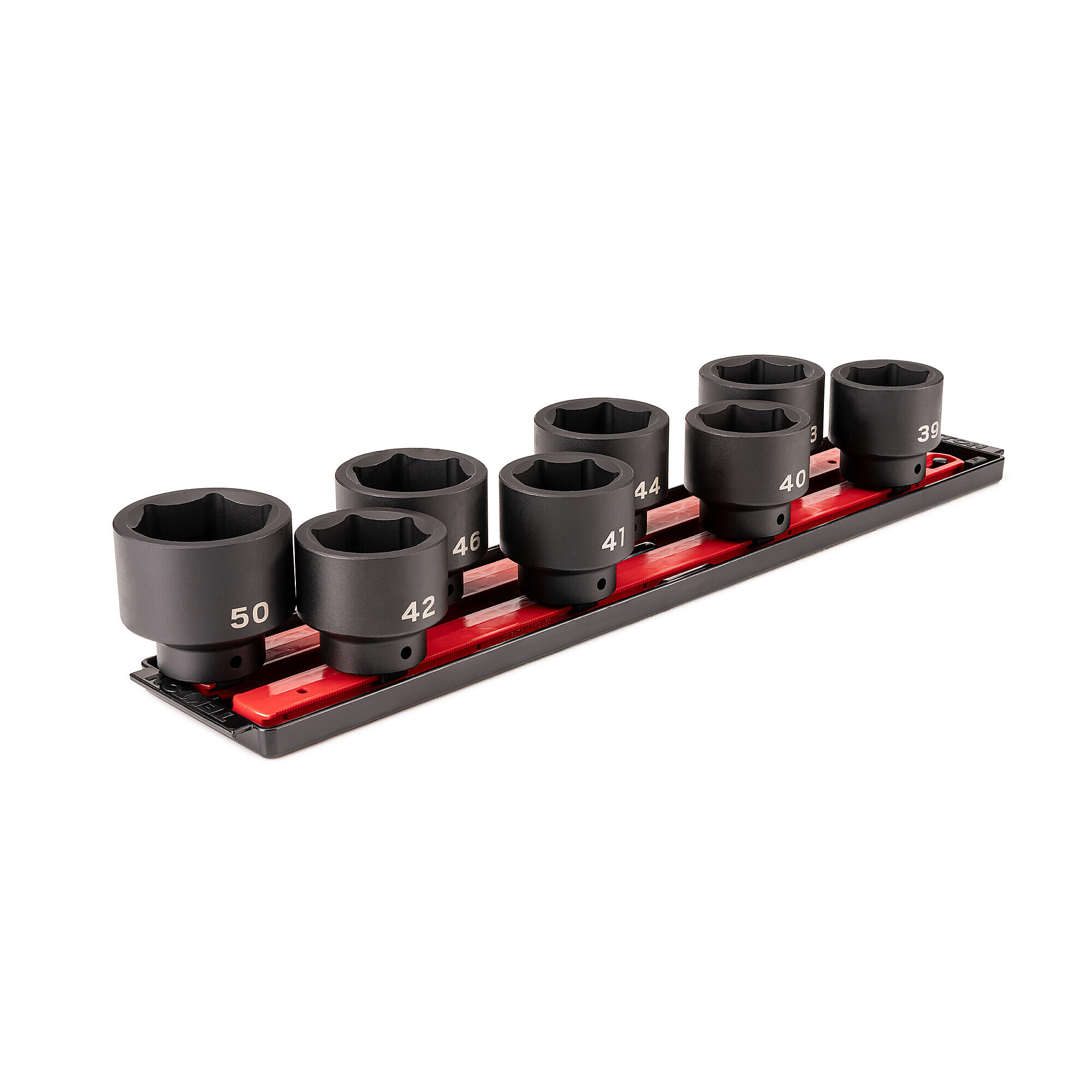 TEKTON 1/2 Inch Drive Shallow 6-Point Impact Socket Set with Rails and Tray, 8-Piece (39 - 50) | SID92110