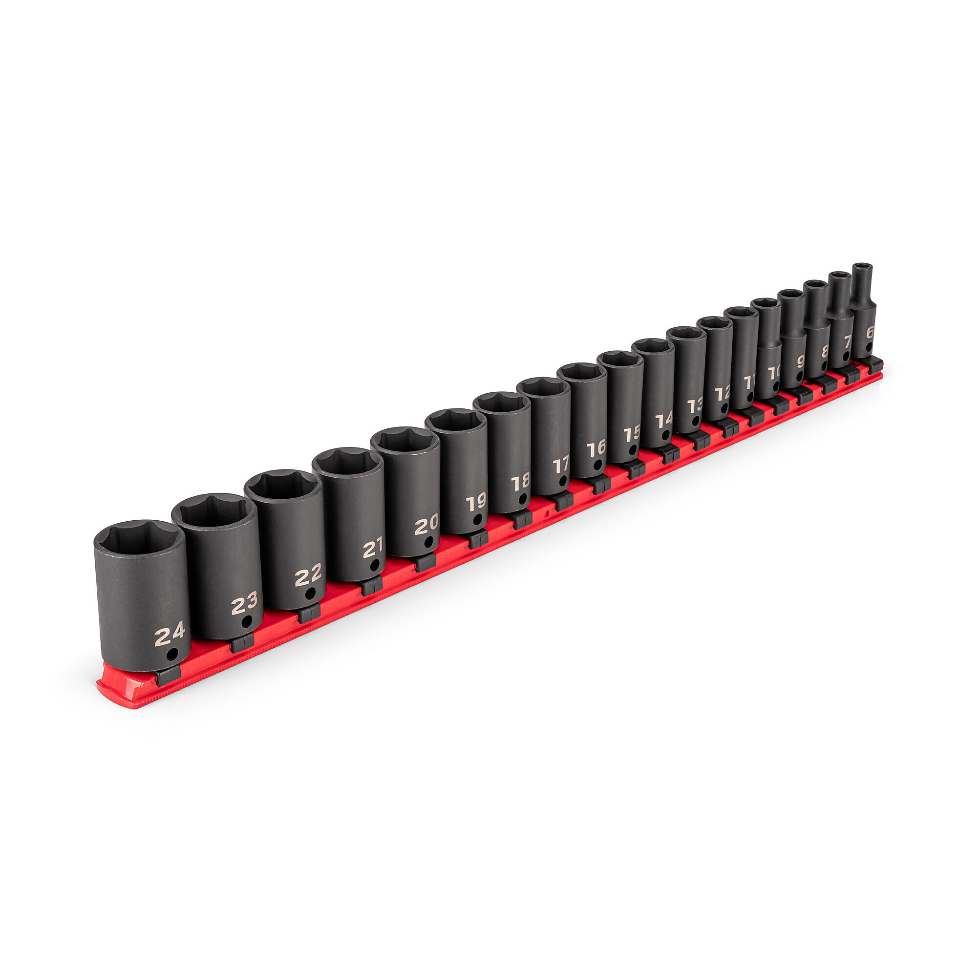 TEKTON 3/8 Inch Drive Semi-Deep 6-Point Impact Socket Set with Rail, 19-Piece (6 - 24 mm) | SID91117