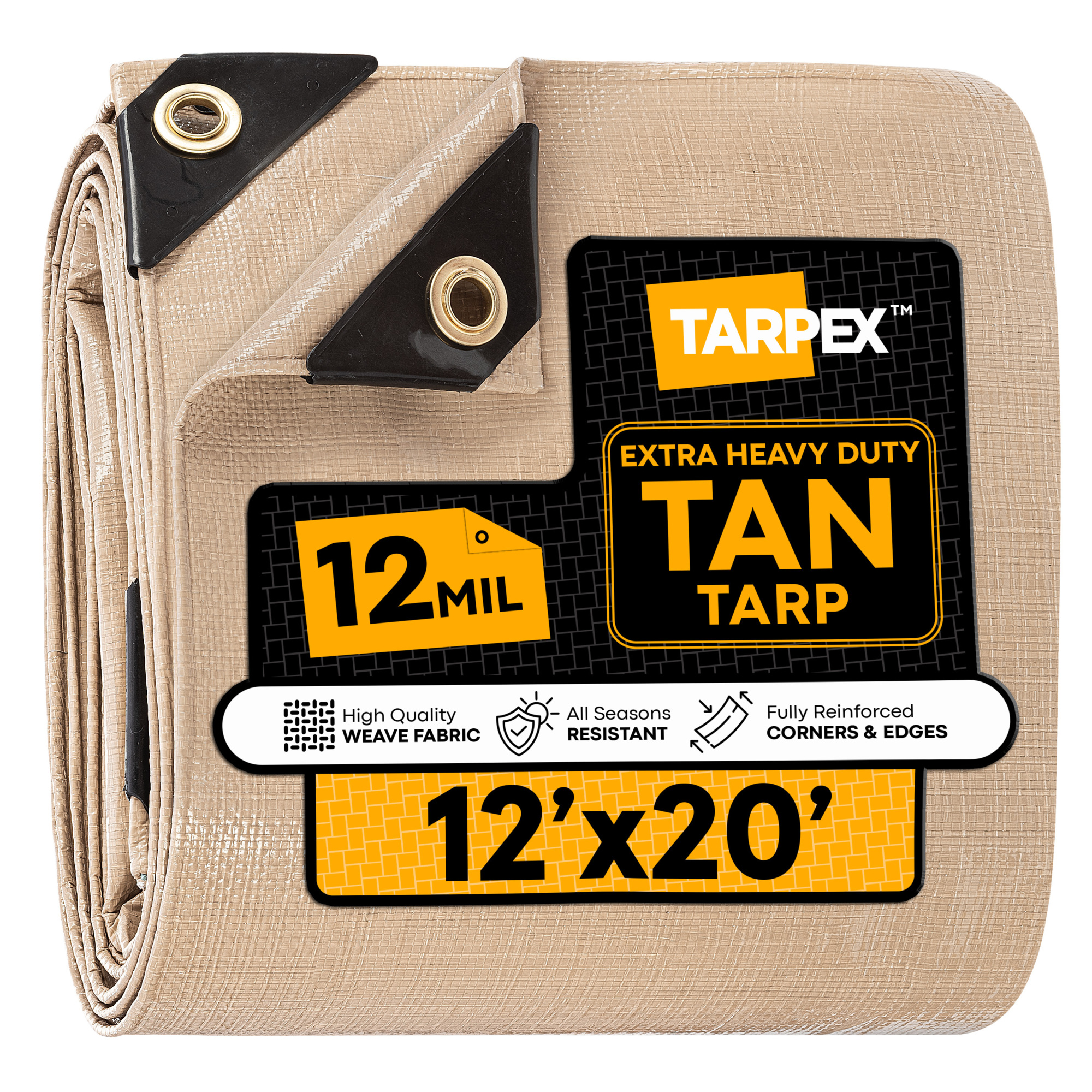 TARPEX 12' x 20' Tan Extra Heavy-Duty Weatherproof Tarp – 12 Mil Poly with Reinforced Edges for All-Purpose Protection