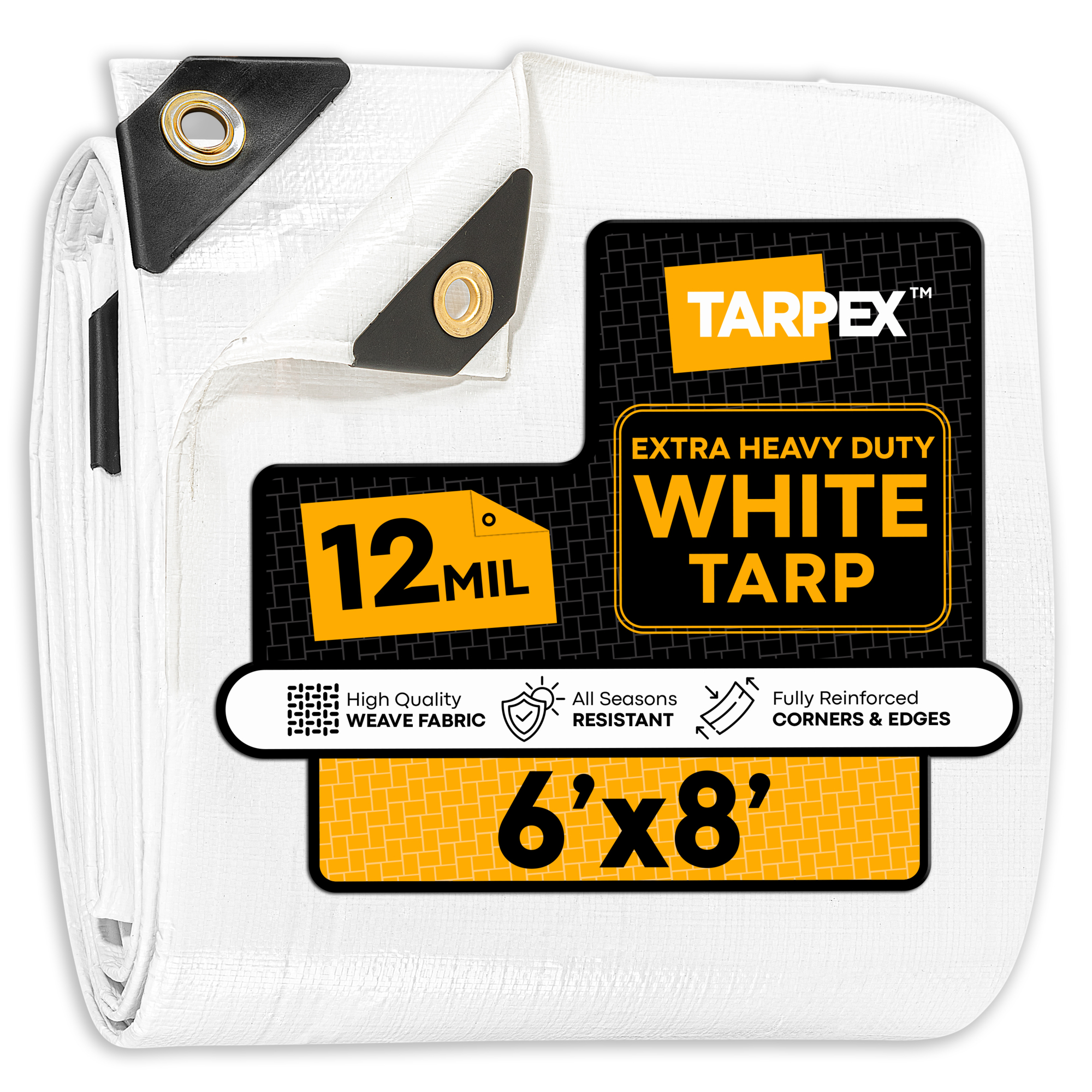 TARPEX 6' x 8' White Extra Heavy-Duty Weatherproof Tarp – 12 Mil Poly with Reinforced Edges for All-Purpose Protection